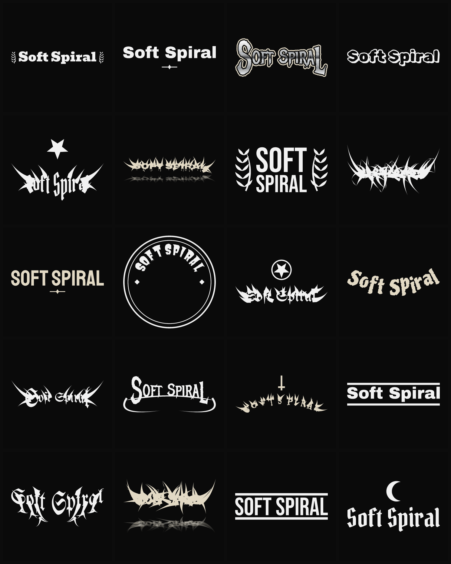 Twenty Soft Spiral band logo ideas — different faces, treatments and spike settings