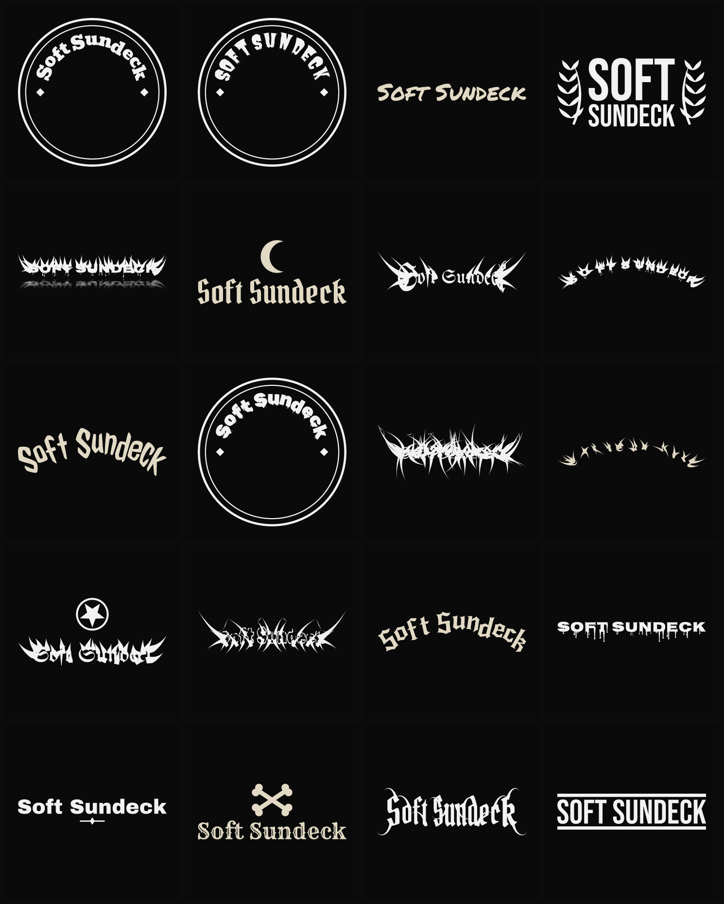 Twenty Soft Sundeck band logo ideas — different faces, treatments and spike settings