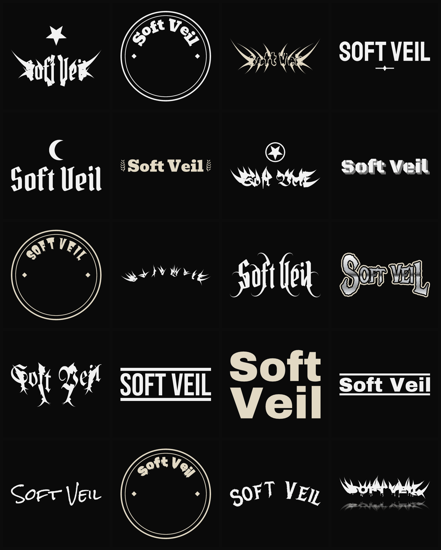 Twenty Soft Veil band logo ideas — different faces, treatments and spike settings