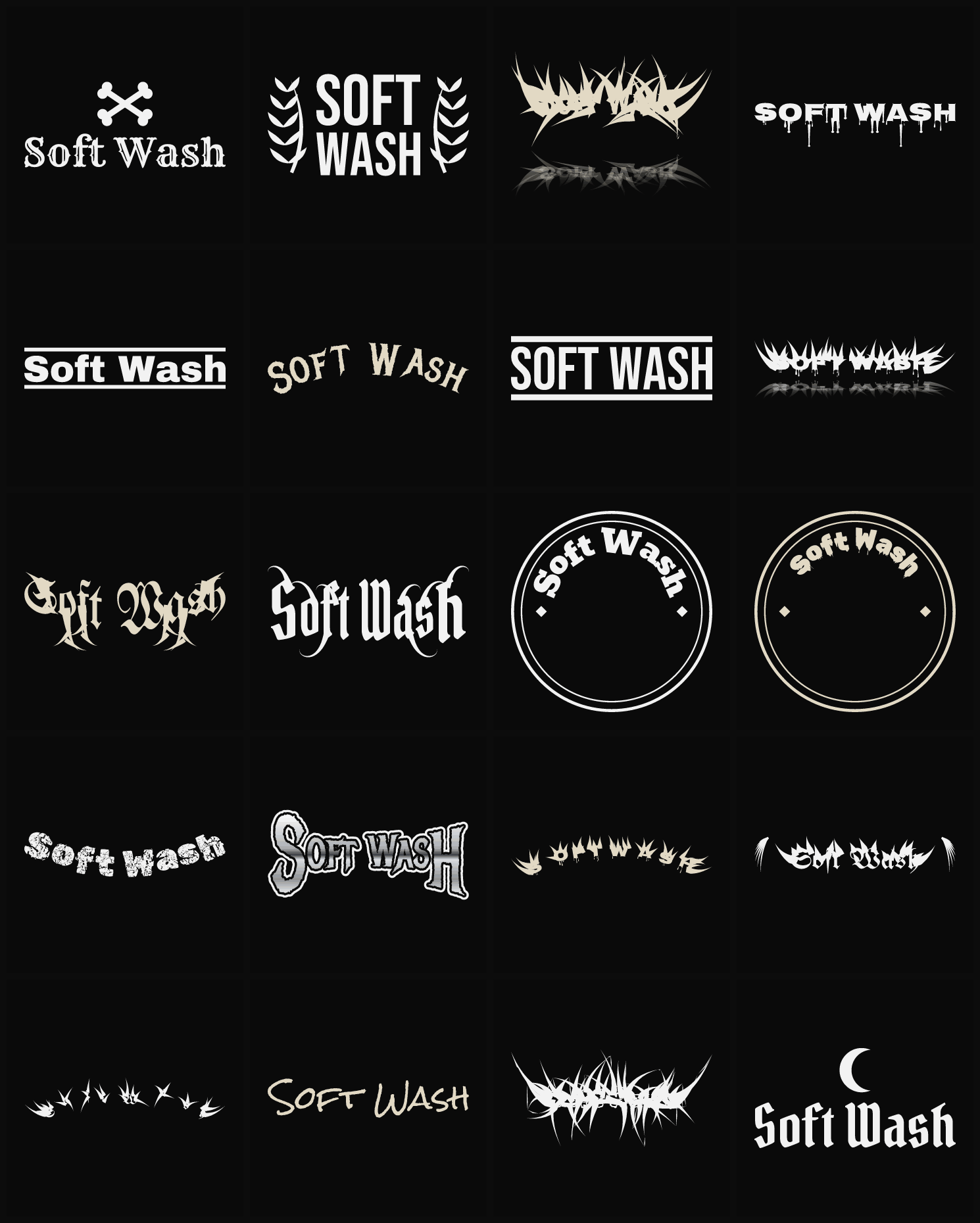 Twenty Soft Wash band logo ideas — different faces, treatments and spike settings
