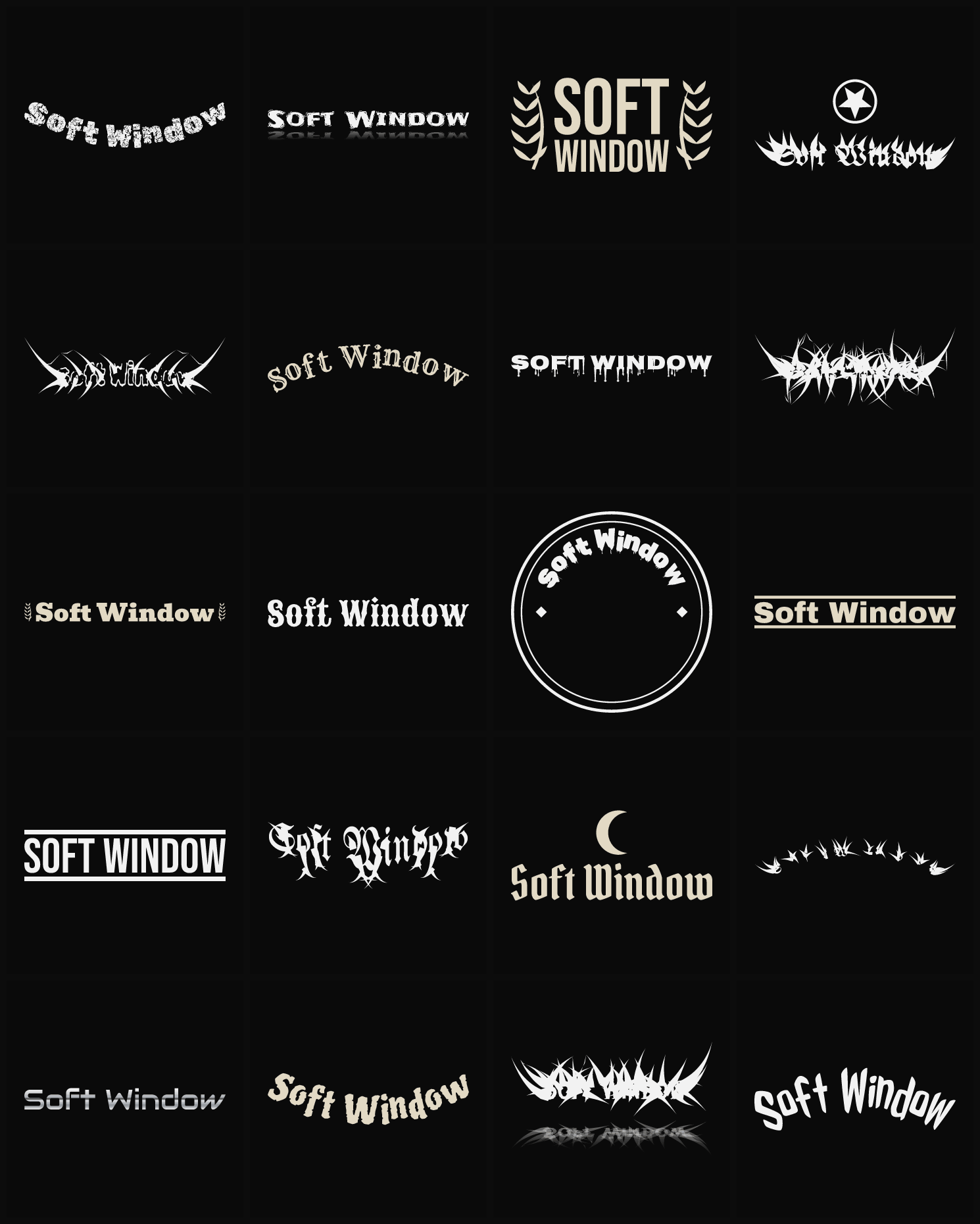 Twenty Soft Window band logo ideas — different faces, treatments and spike settings