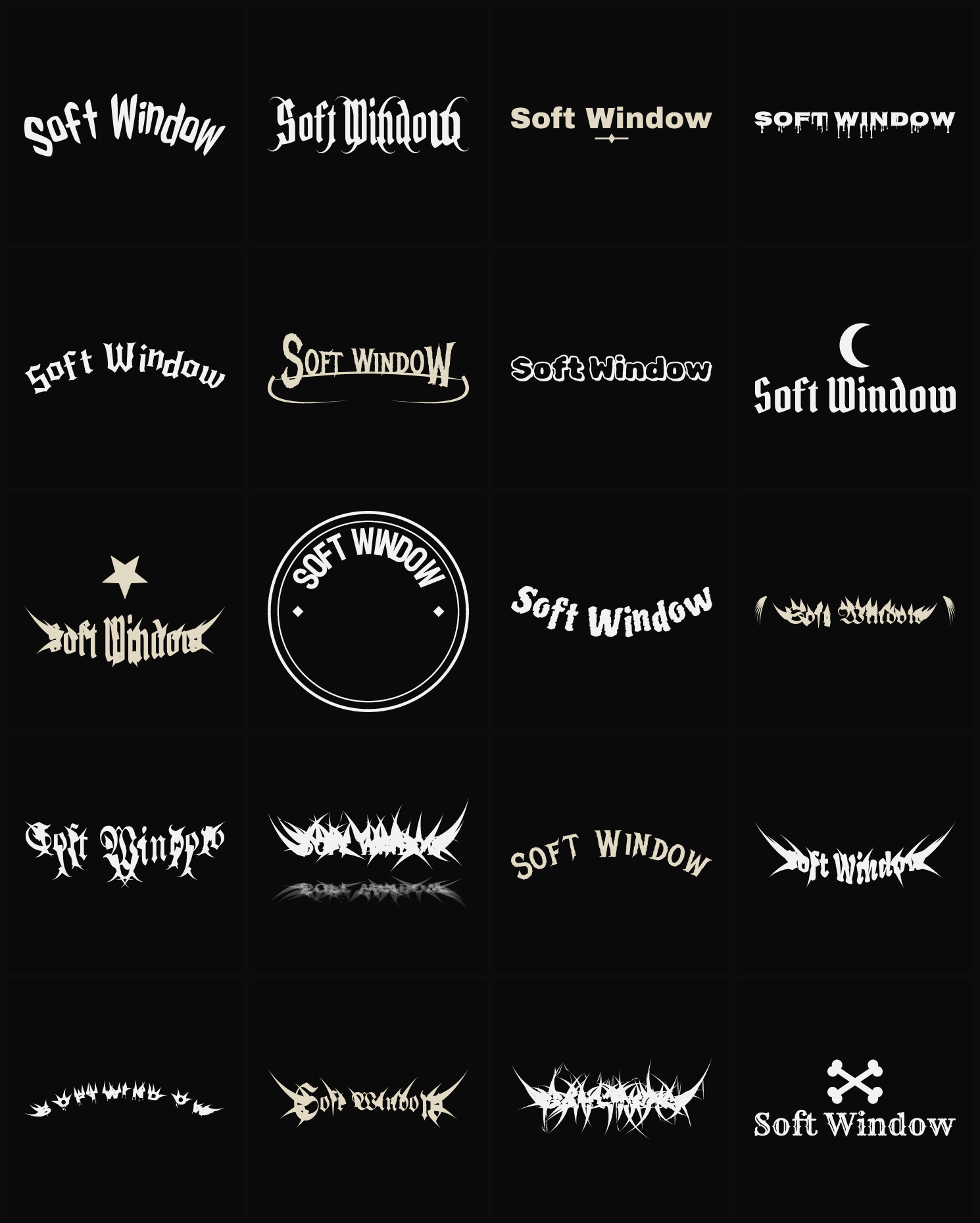 Twenty Soft Window band logo ideas — different faces, treatments and spike settings
