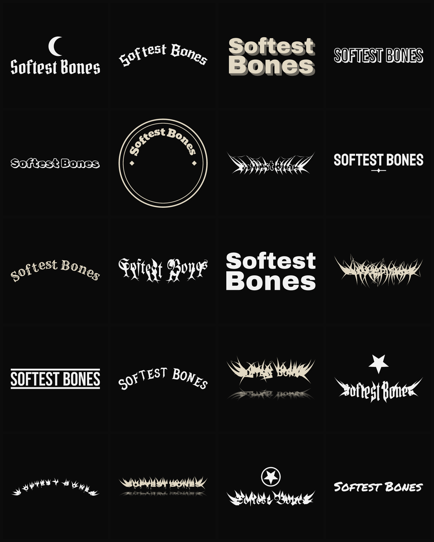 Twenty Softest Bones band logo ideas — different faces, treatments and spike settings