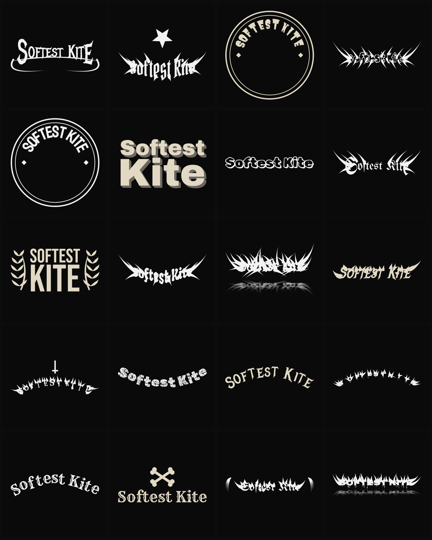 Twenty Softest Kite band logo ideas — different faces, treatments and spike settings