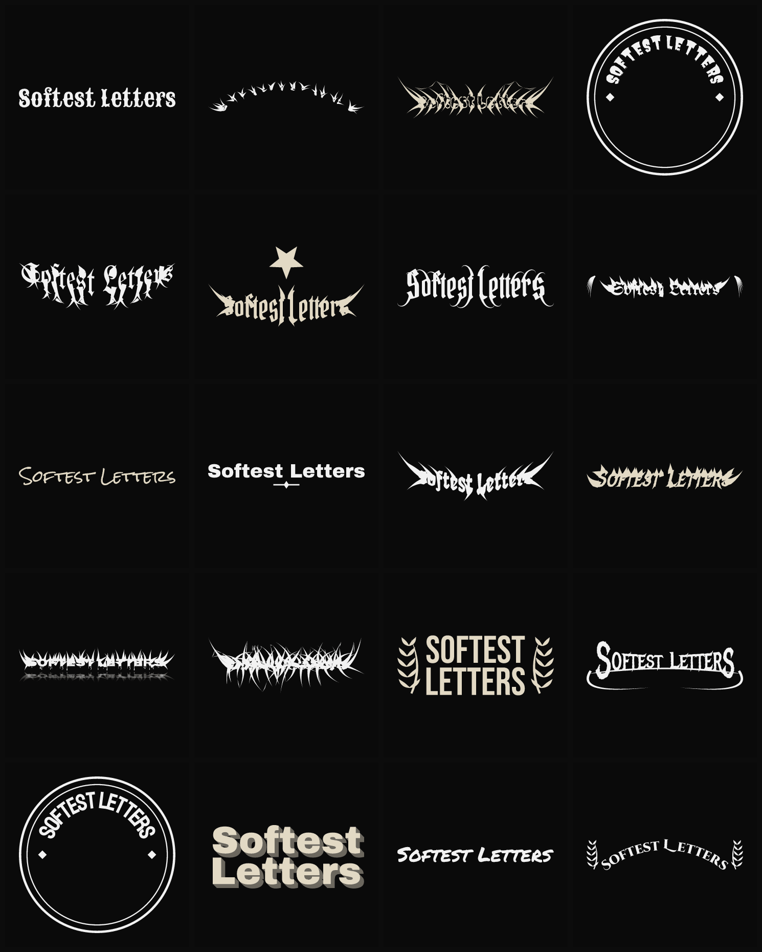 Twenty Softest Letters band logo ideas — different faces, treatments and spike settings