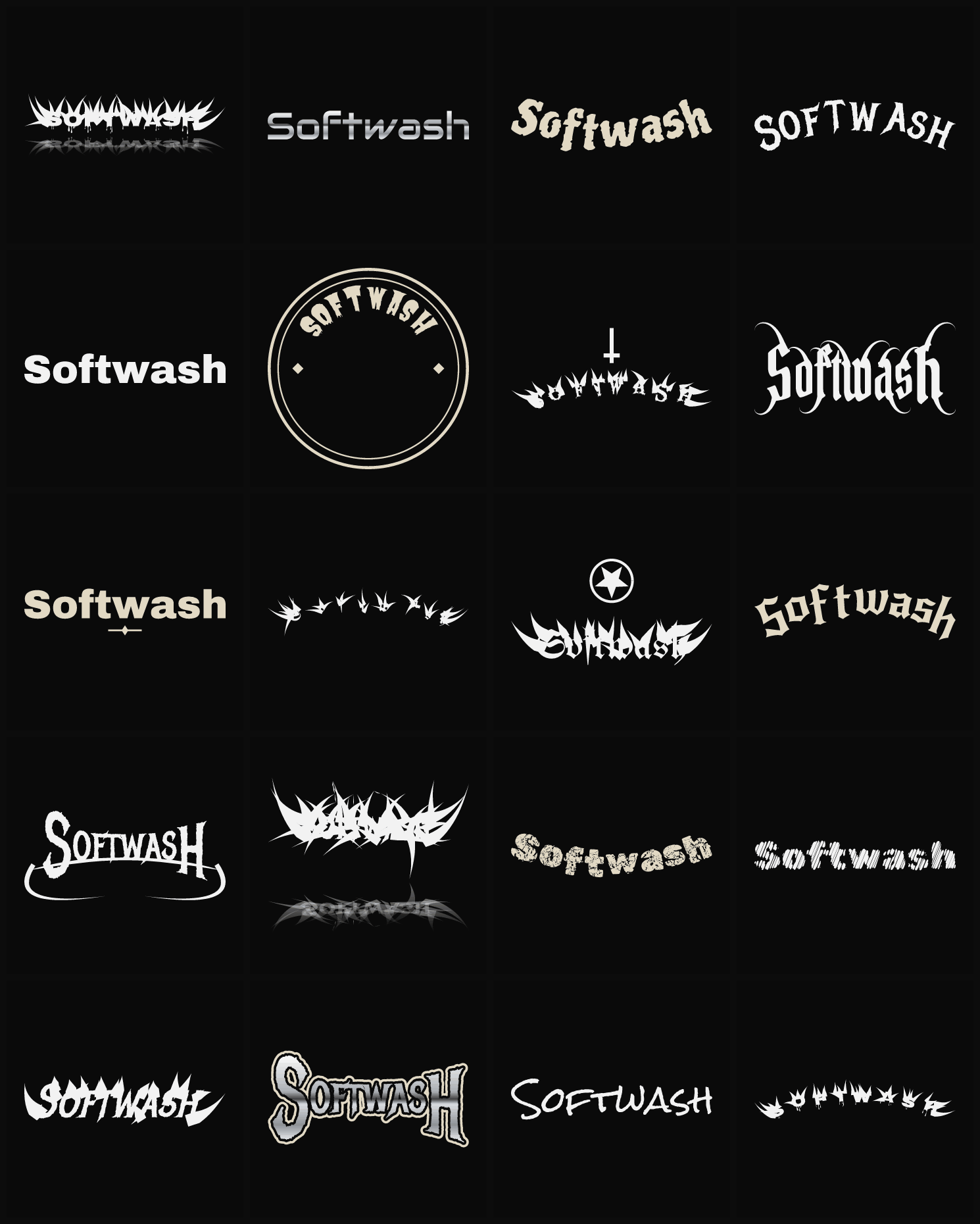 Twenty Softwash band logo ideas — different faces, treatments and spike settings