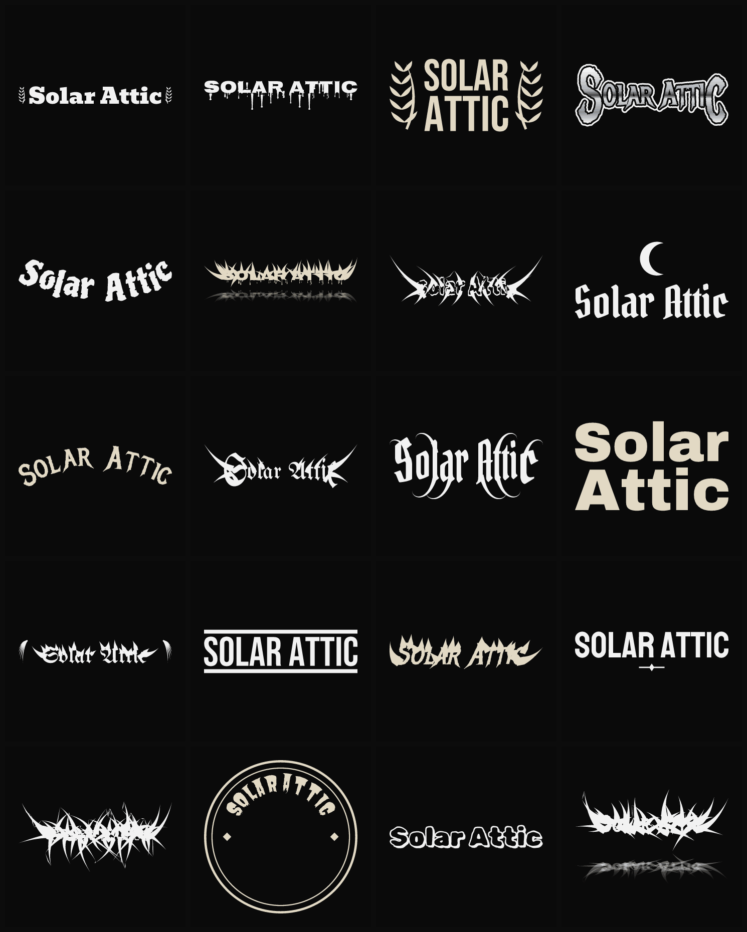 Twenty Solar Attic band logo ideas — different faces, treatments and spike settings