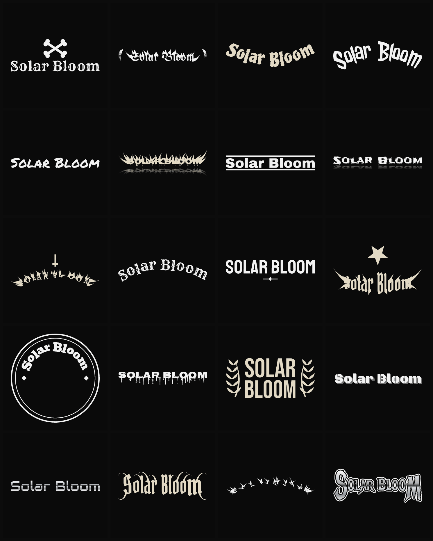 Twenty Solar Bloom band logo ideas — different faces, treatments and spike settings