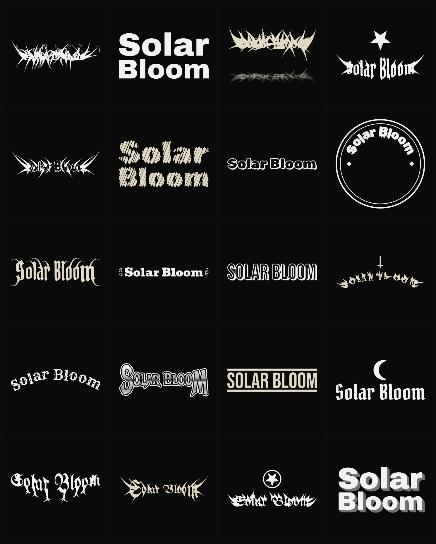 Twenty Solar Bloom band logo ideas — different faces, treatments and spike settings