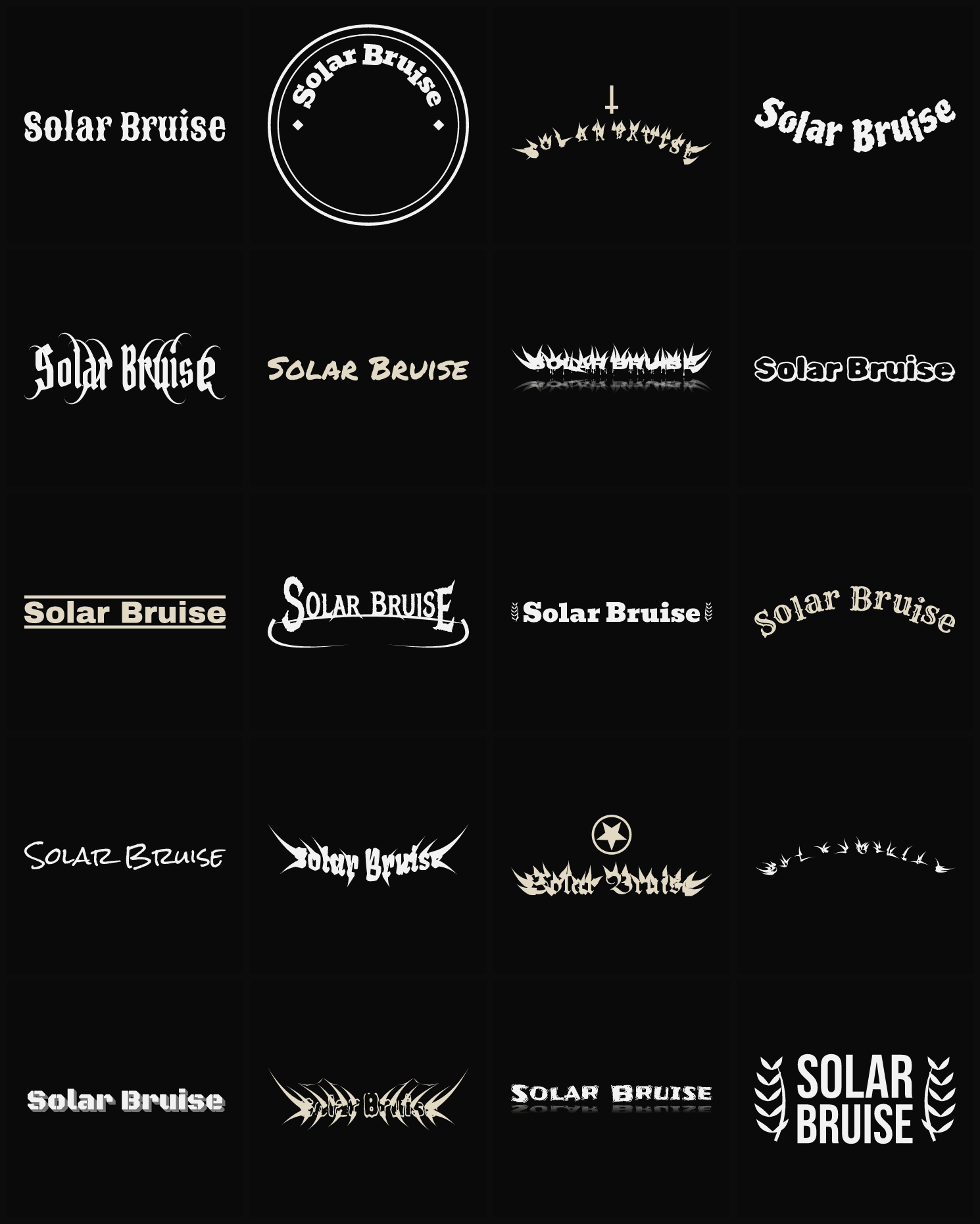 Twenty Solar Bruise band logo ideas — different faces, treatments and spike settings