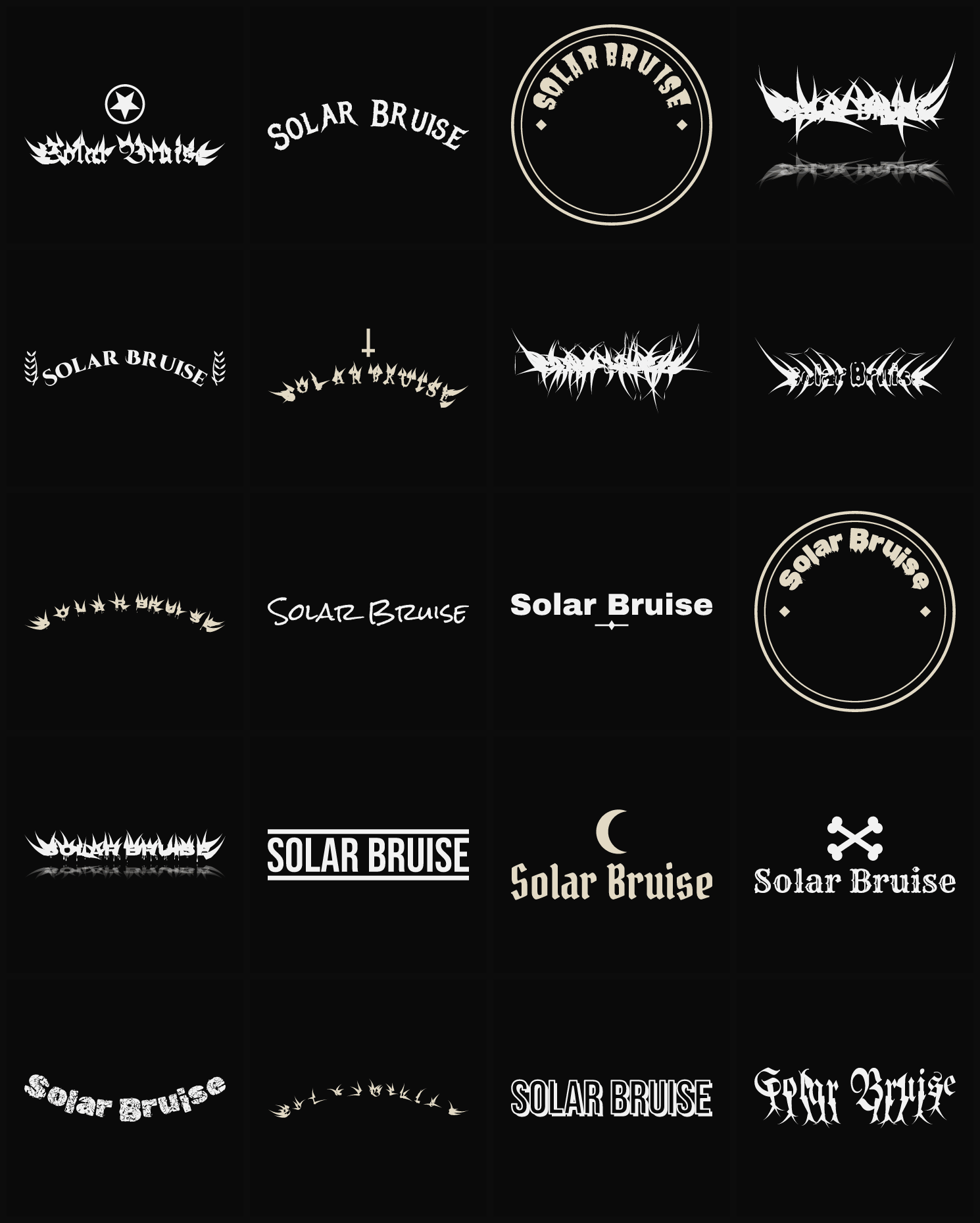 Twenty Solar Bruise band logo ideas — different faces, treatments and spike settings