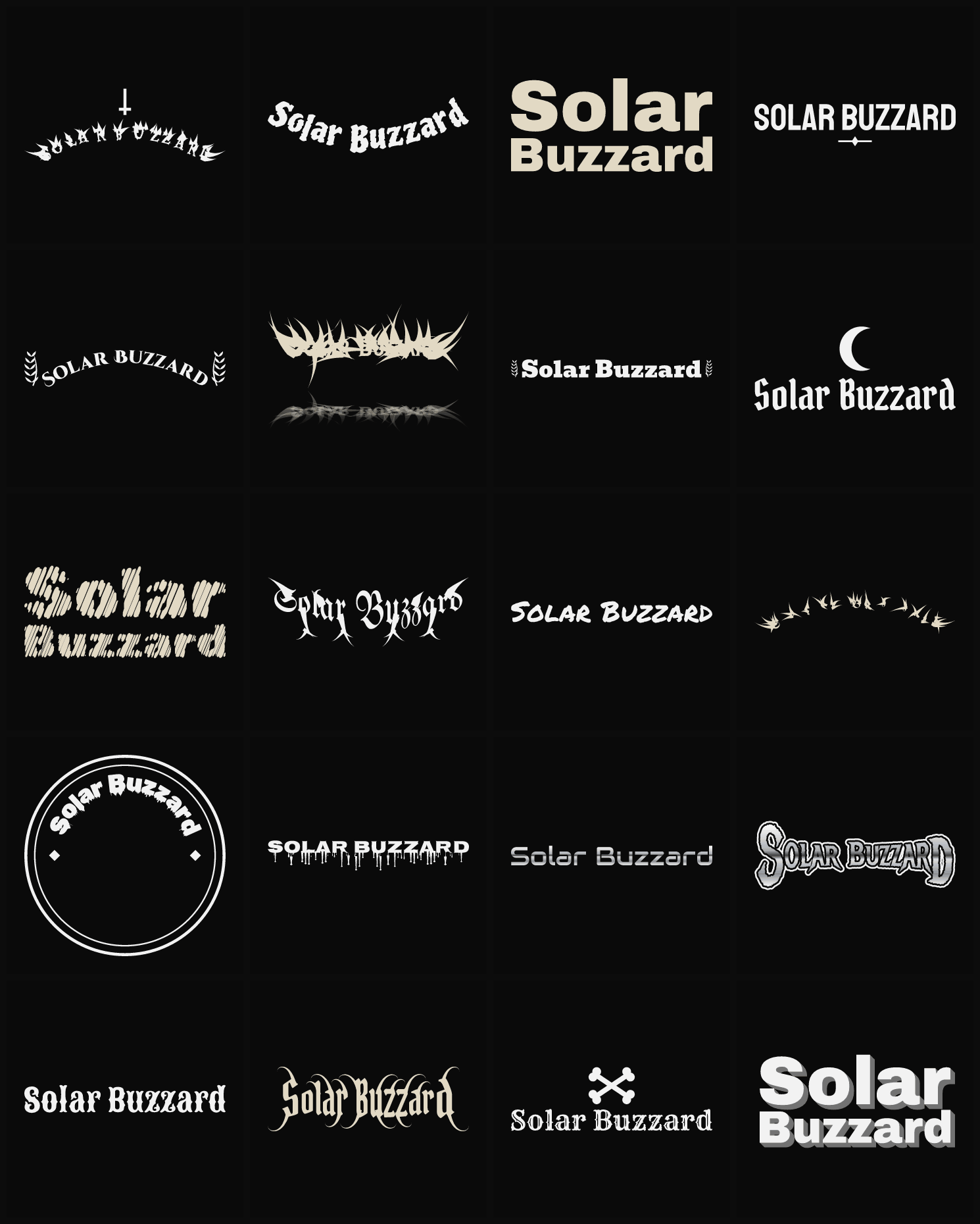 Twenty Solar Buzzard band logo ideas — different faces, treatments and spike settings