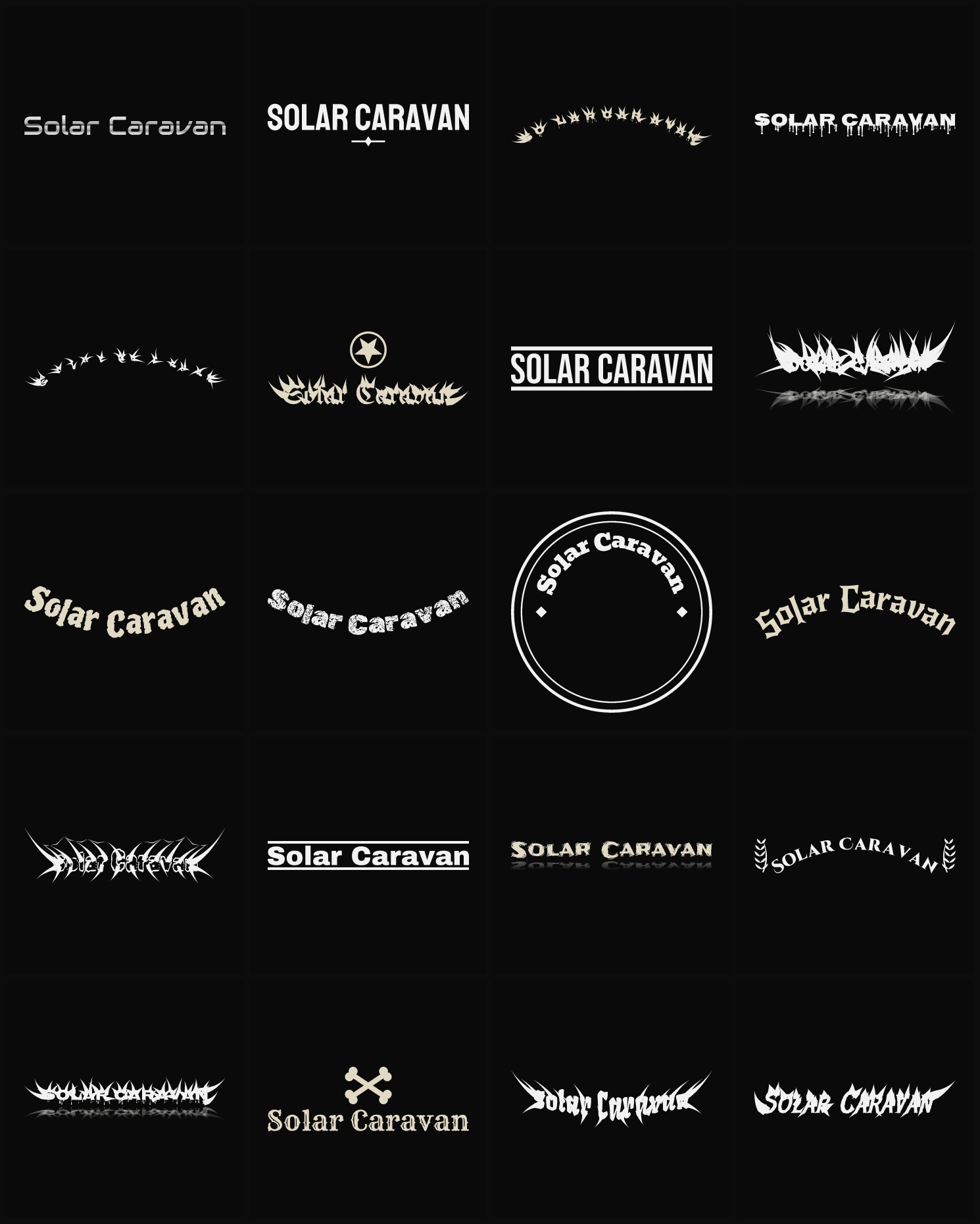 Twenty Solar Caravan band logo ideas — different faces, treatments and spike settings