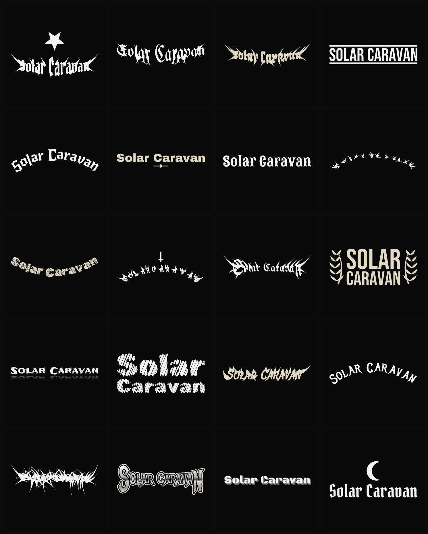 Twenty Solar Caravan band logo ideas — different faces, treatments and spike settings