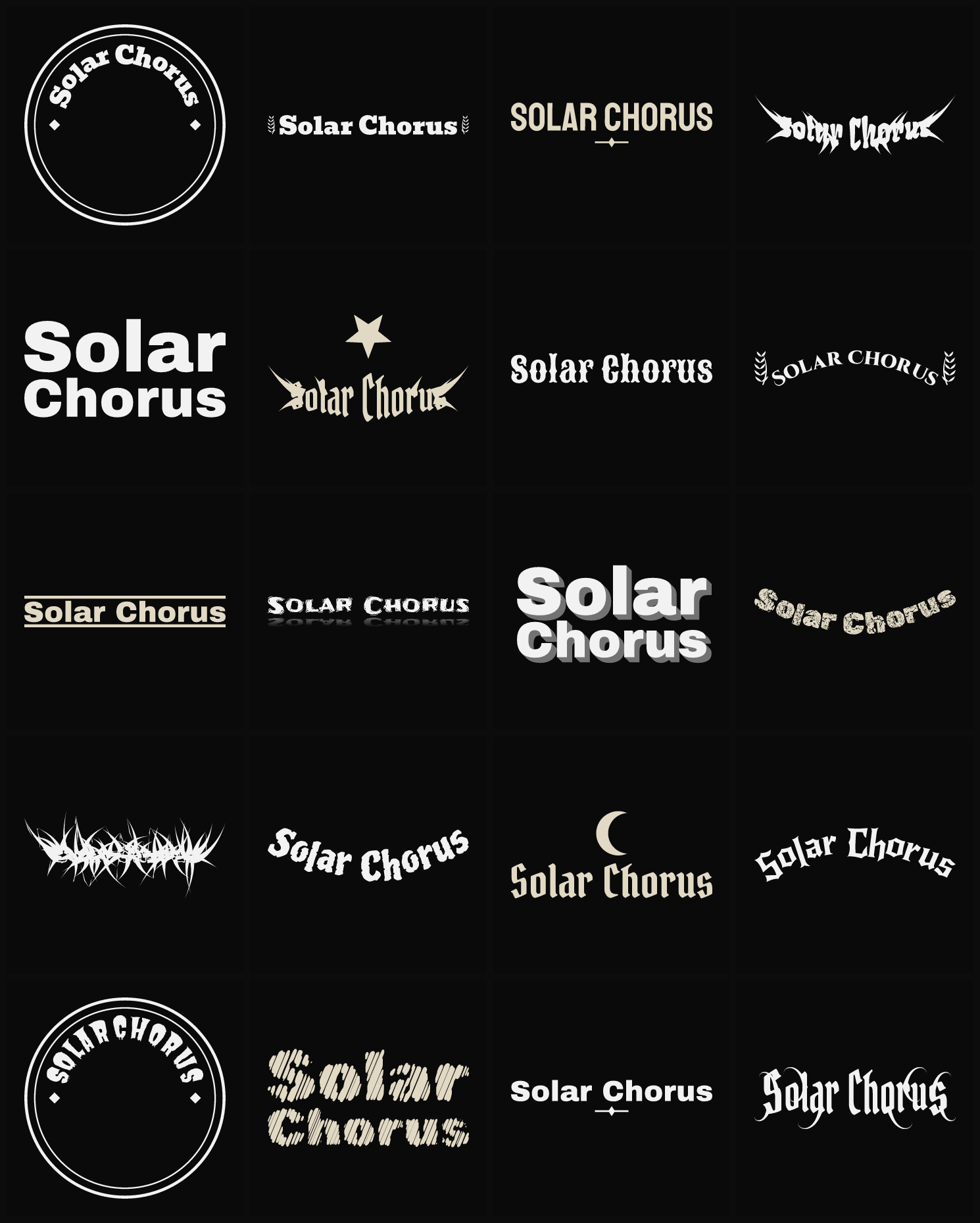 Twenty Solar Chorus band logo ideas — different faces, treatments and spike settings