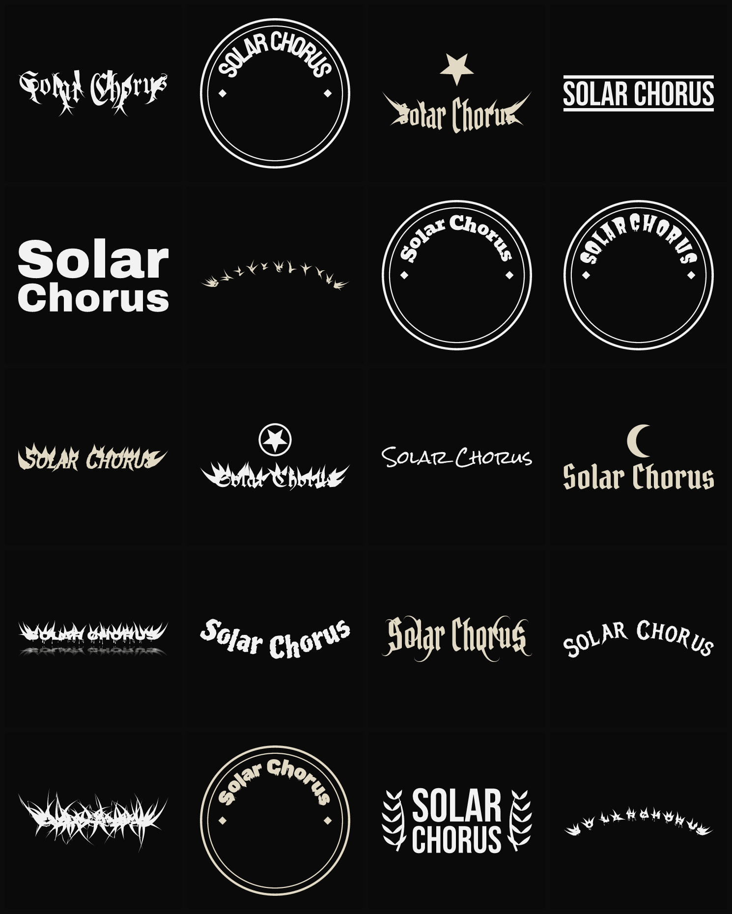 Twenty Solar Chorus band logo ideas — different faces, treatments and spike settings