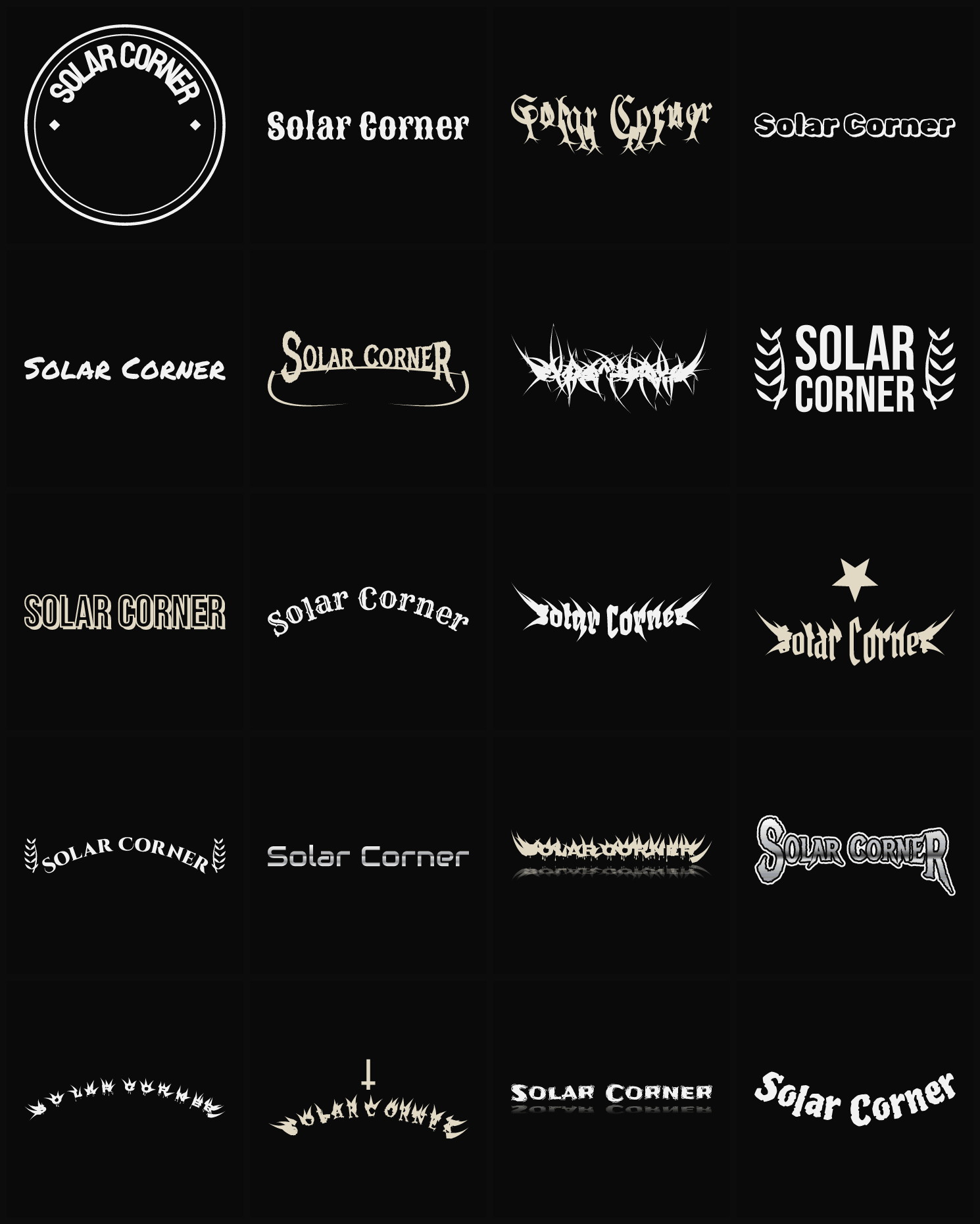 Twenty Solar Corner band logo ideas — different faces, treatments and spike settings