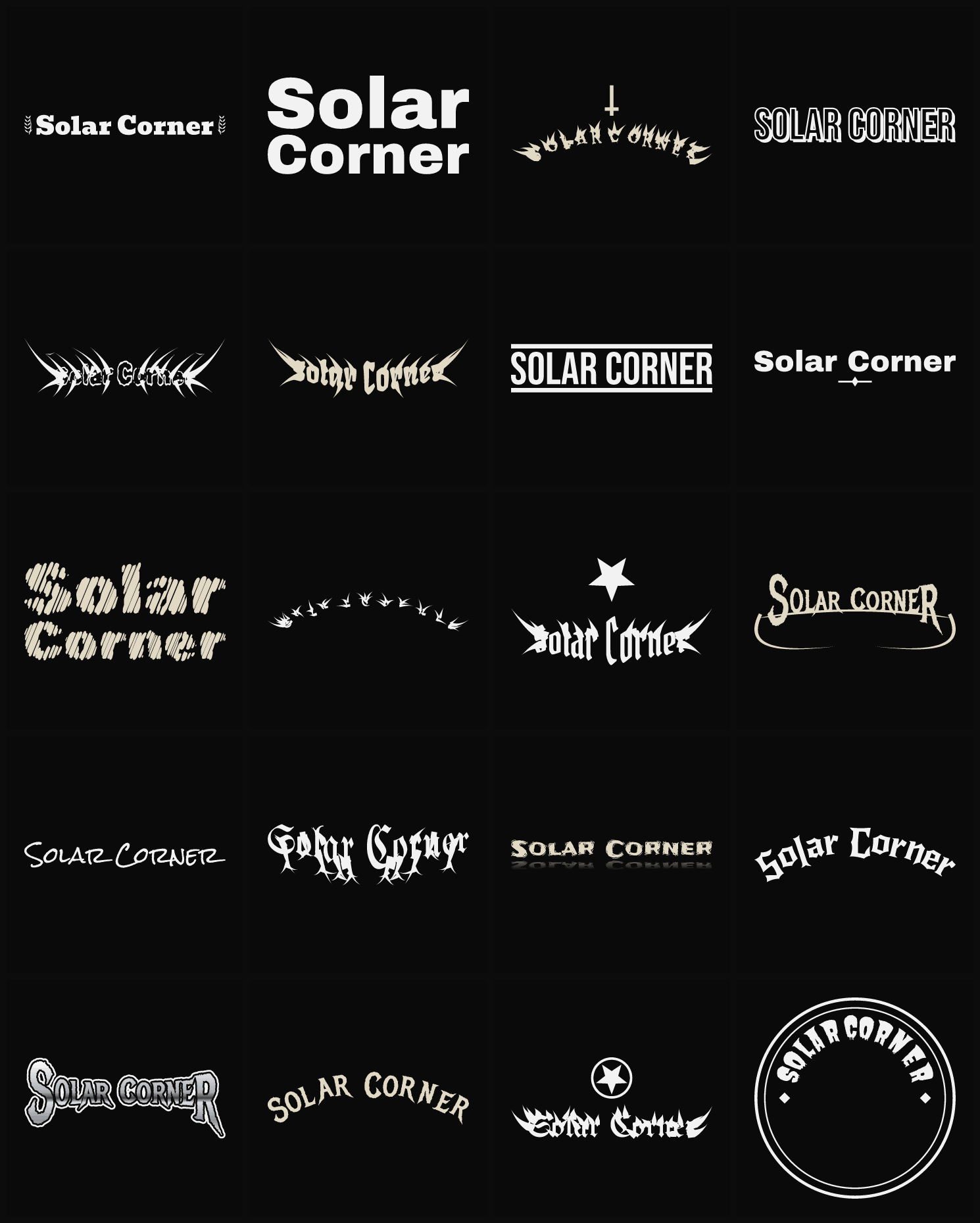 Twenty Solar Corner band logo ideas — different faces, treatments and spike settings