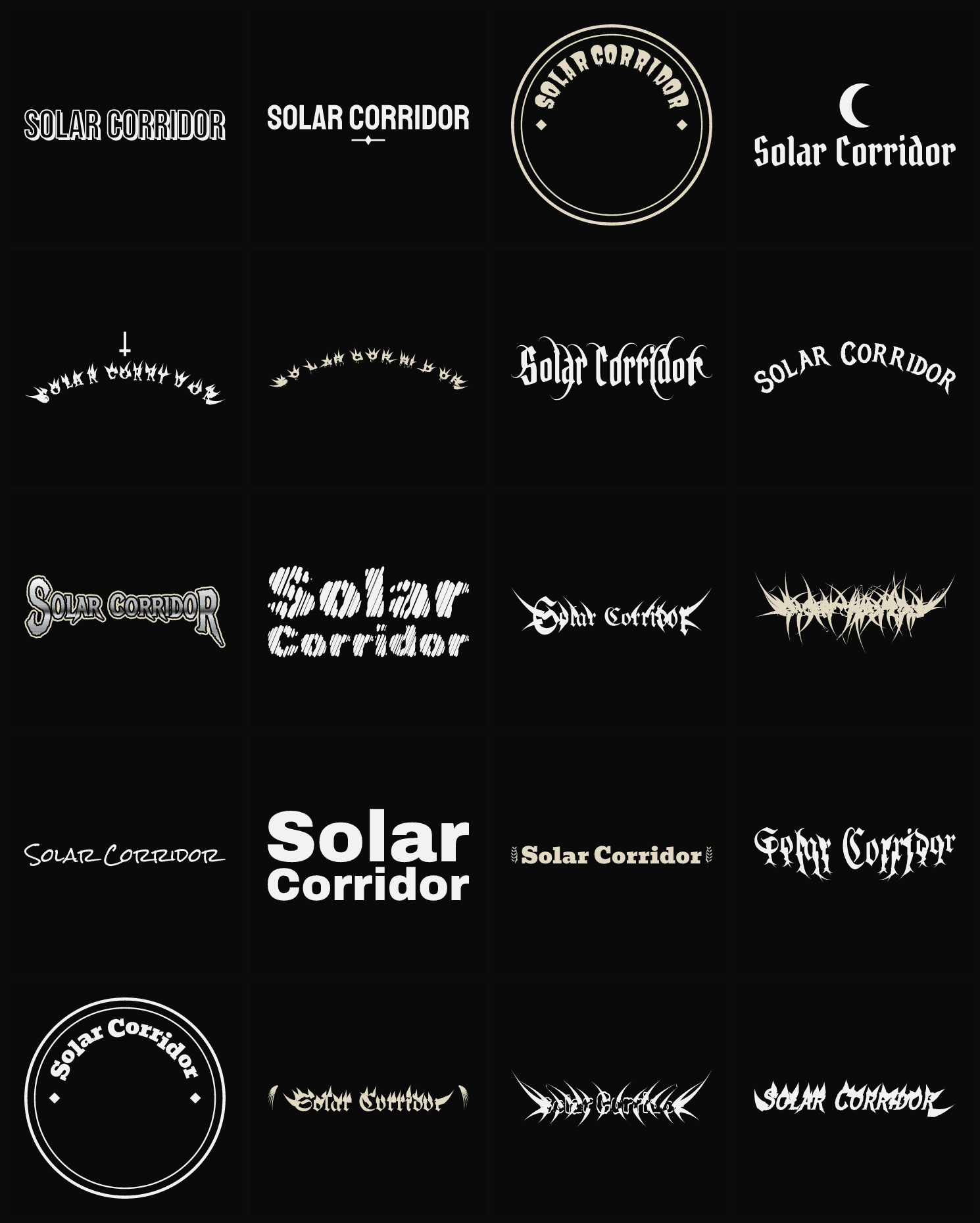 Twenty Solar Corridor band logo ideas — different faces, treatments and spike settings