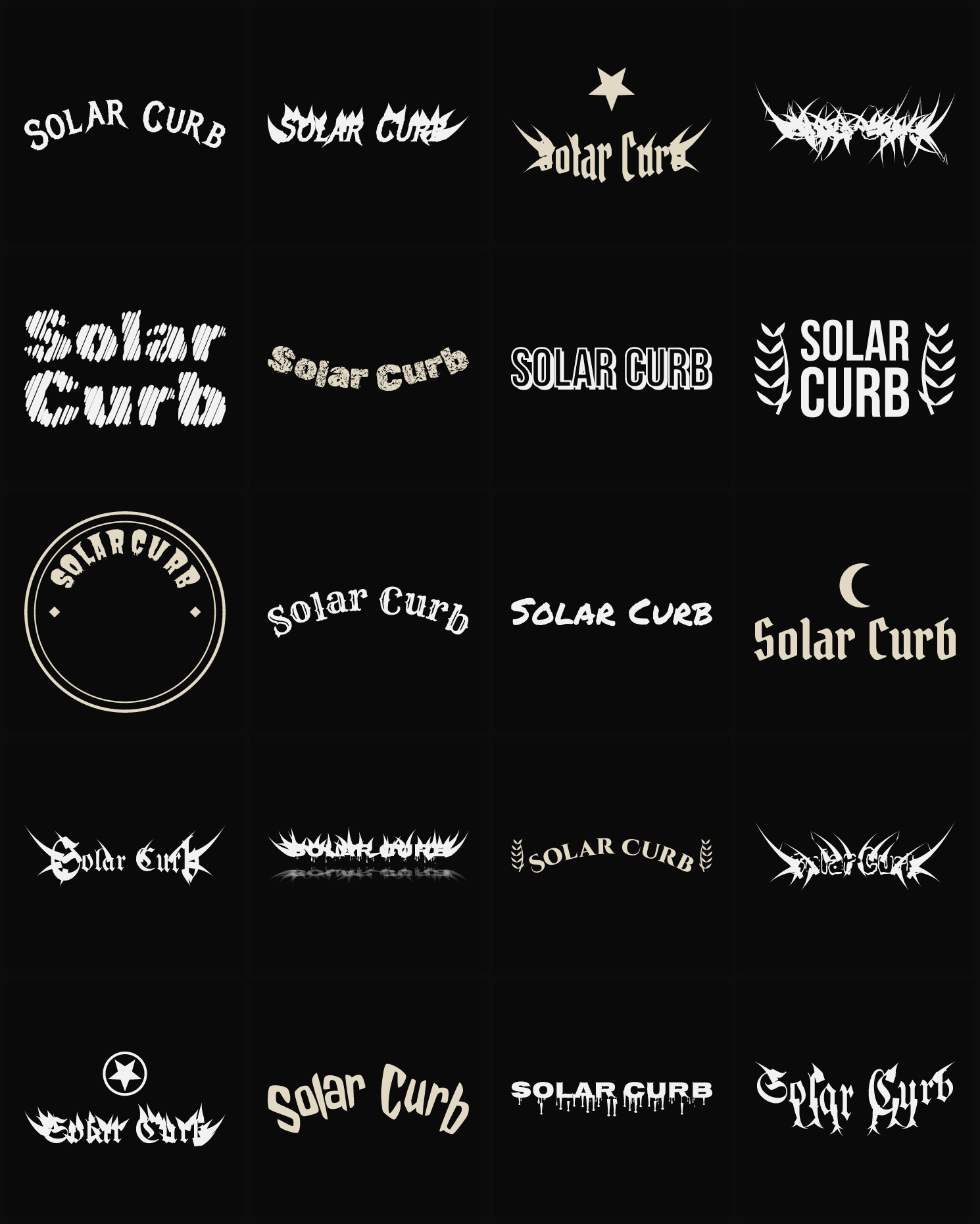 Twenty Solar Curb band logo ideas — different faces, treatments and spike settings