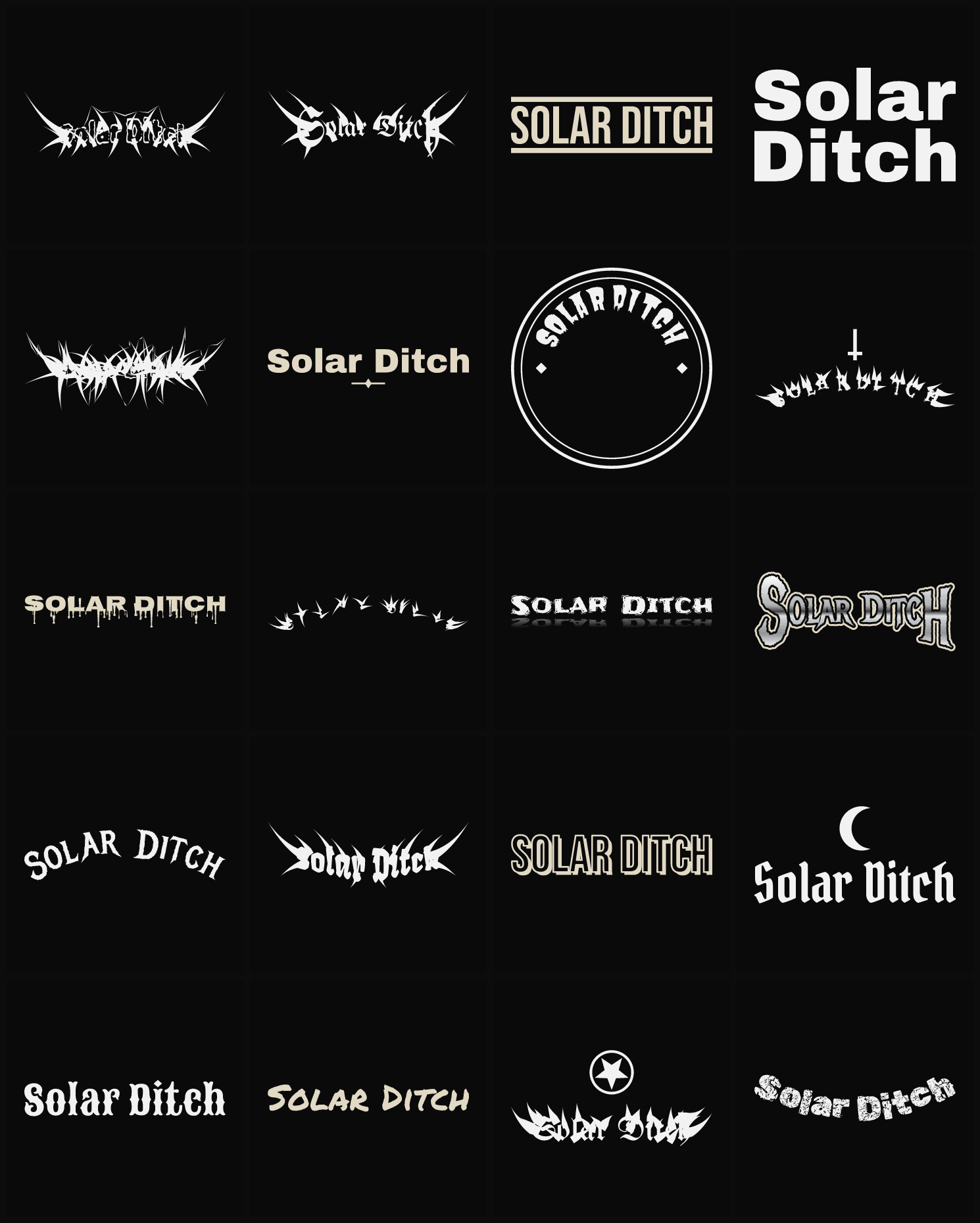 Twenty Solar Ditch band logo ideas — different faces, treatments and spike settings