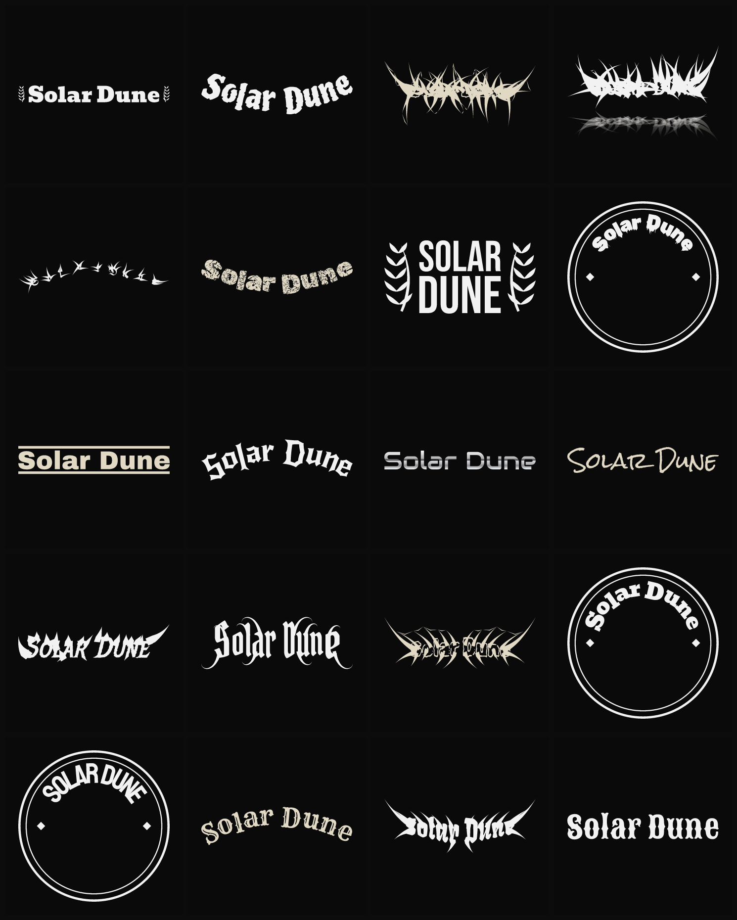Twenty Solar Dune band logo ideas — different faces, treatments and spike settings