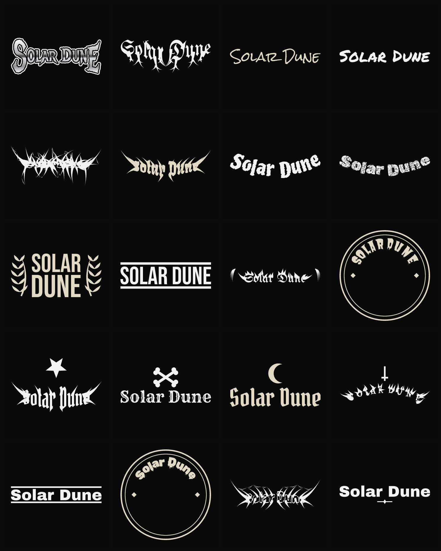 Twenty Solar Dune band logo ideas — different faces, treatments and spike settings