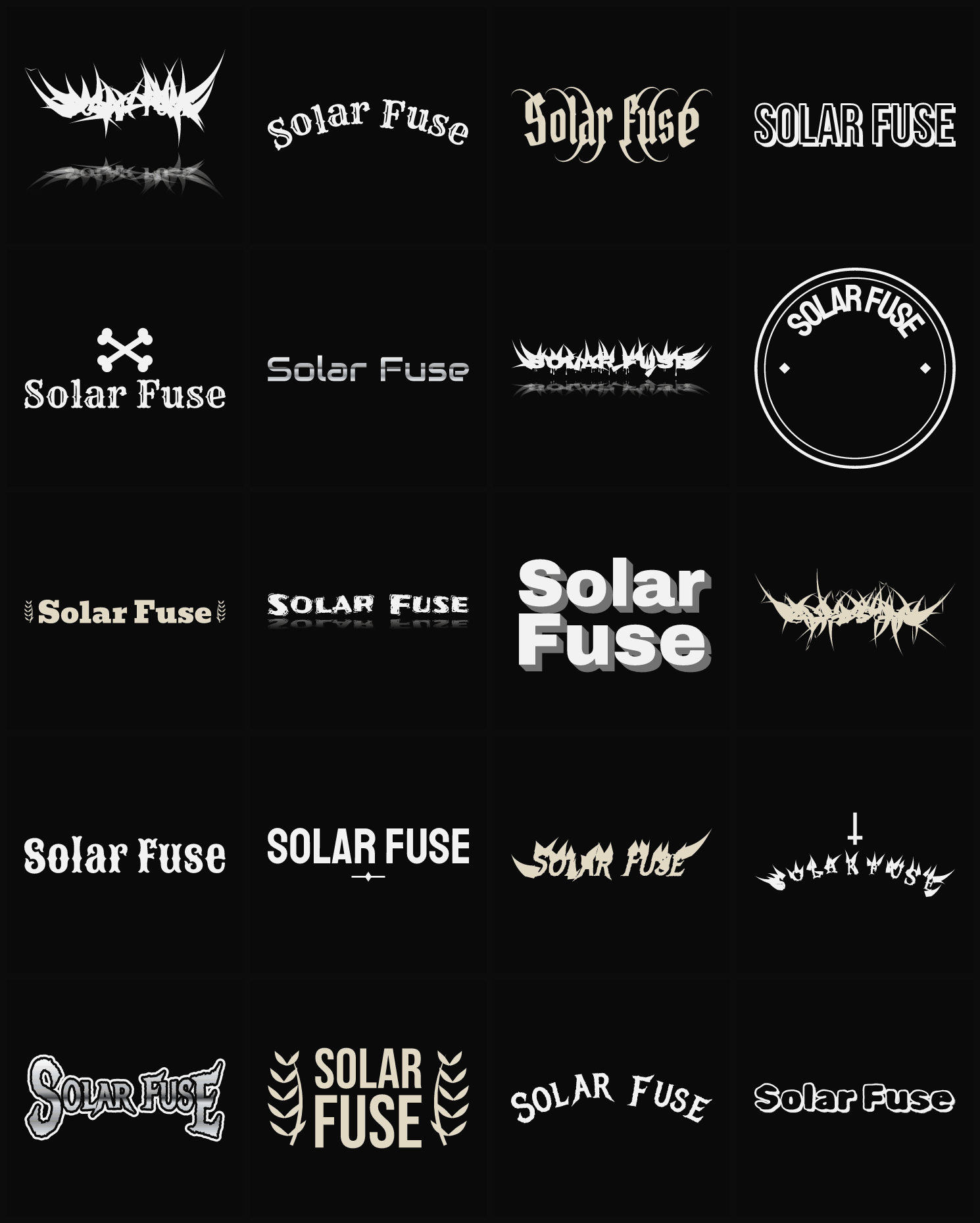Twenty Solar Fuse band logo ideas — different faces, treatments and spike settings