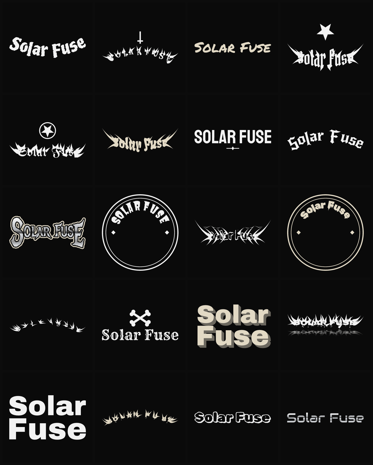 Twenty Solar Fuse band logo ideas — different faces, treatments and spike settings