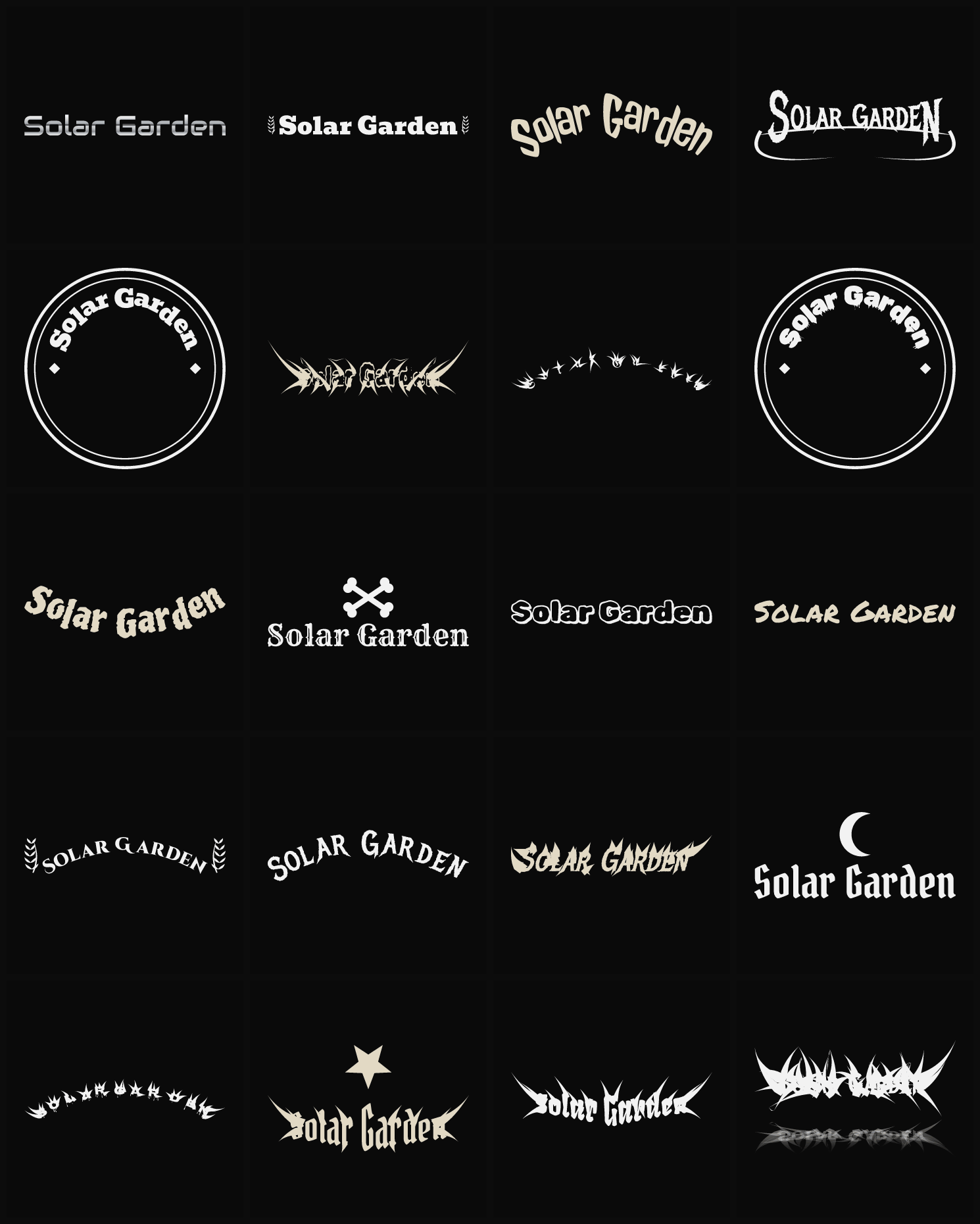 Twenty Solar Garden band logo ideas — different faces, treatments and spike settings