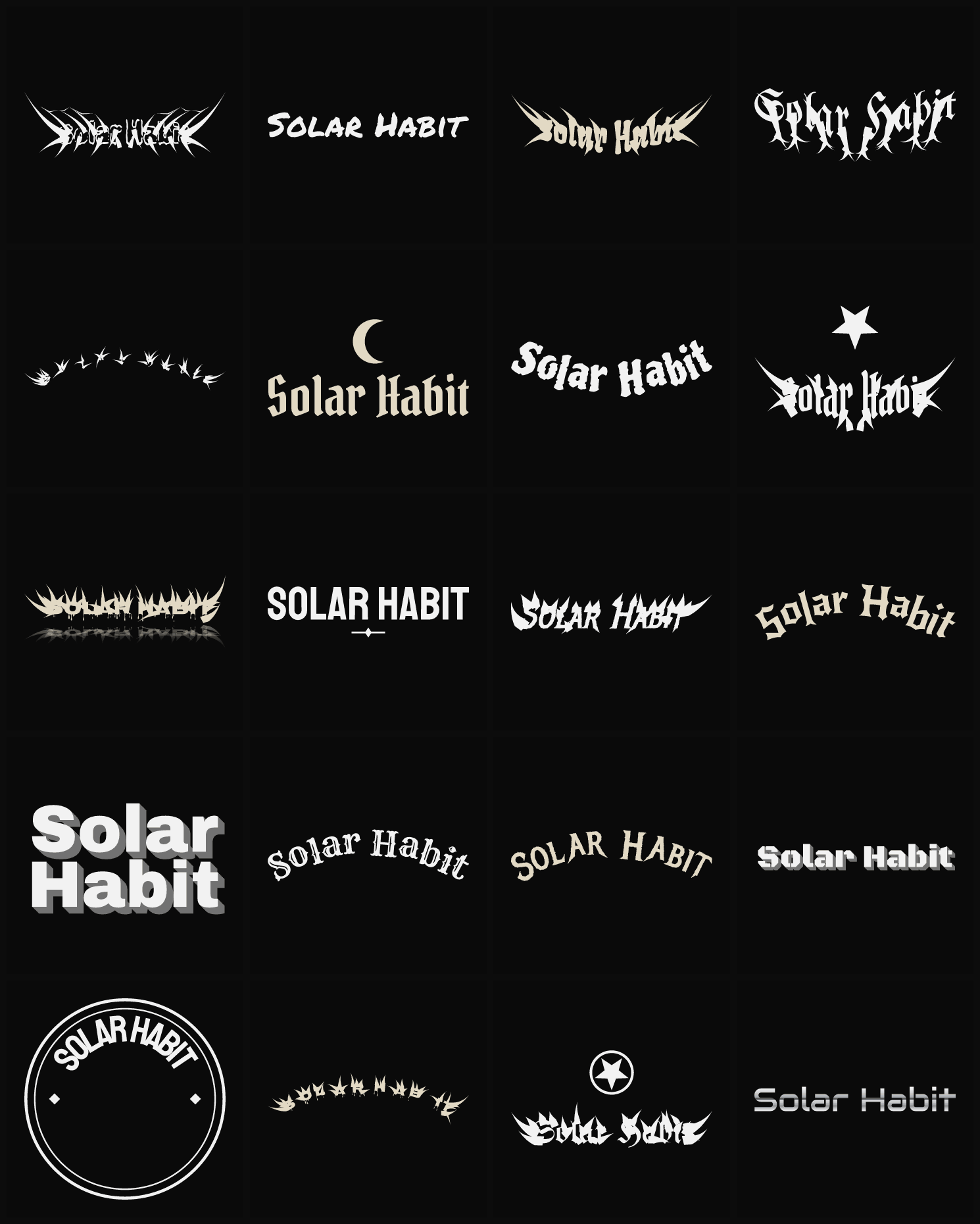 Twenty Solar Habit band logo ideas — different faces, treatments and spike settings