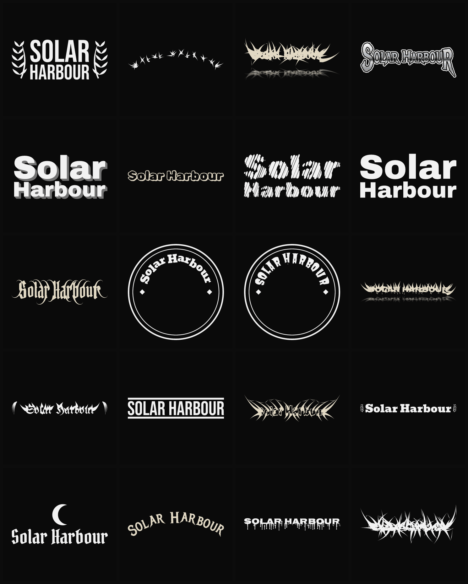 Twenty Solar Harbour band logo ideas — different faces, treatments and spike settings