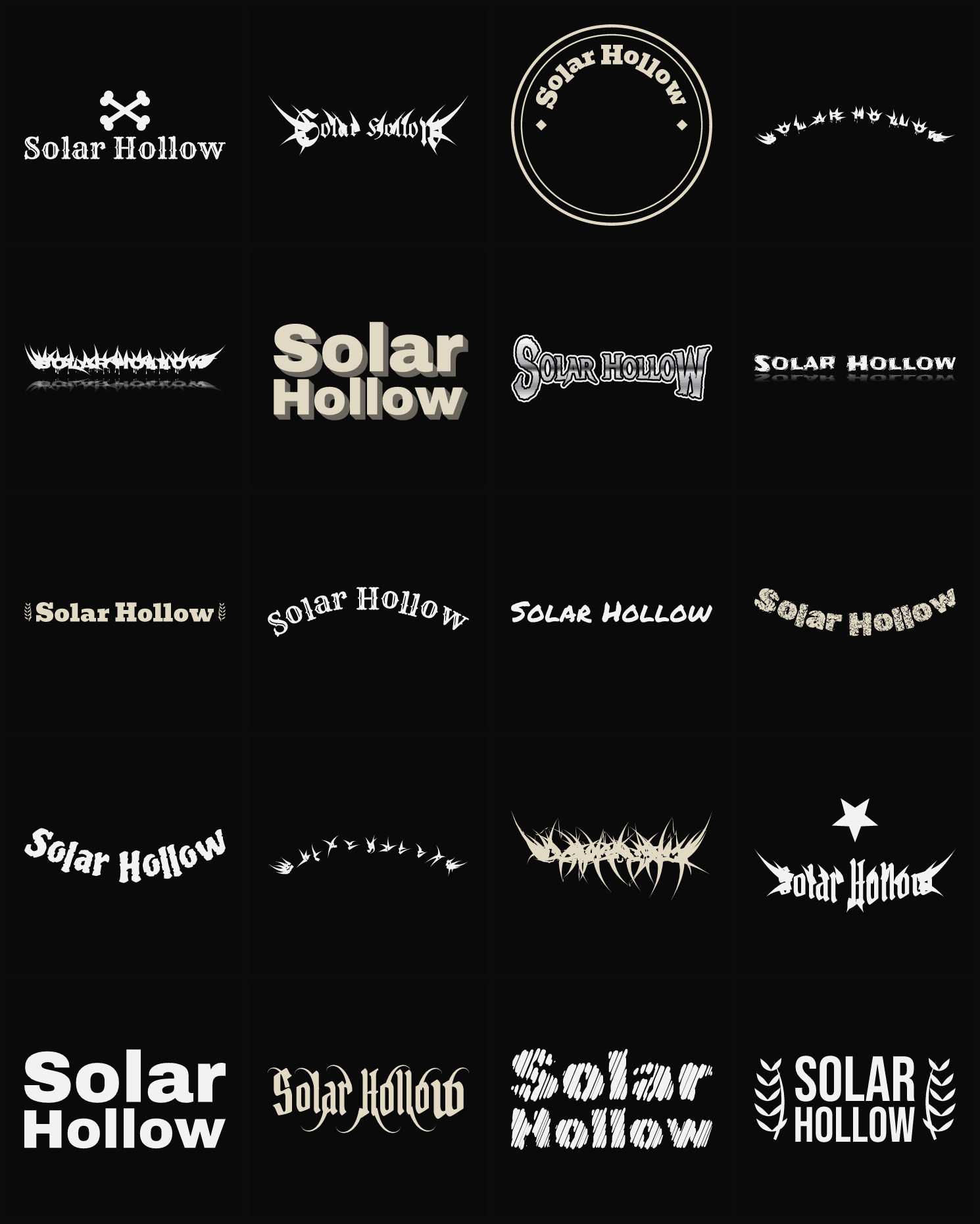Twenty Solar Hollow band logo ideas — different faces, treatments and spike settings