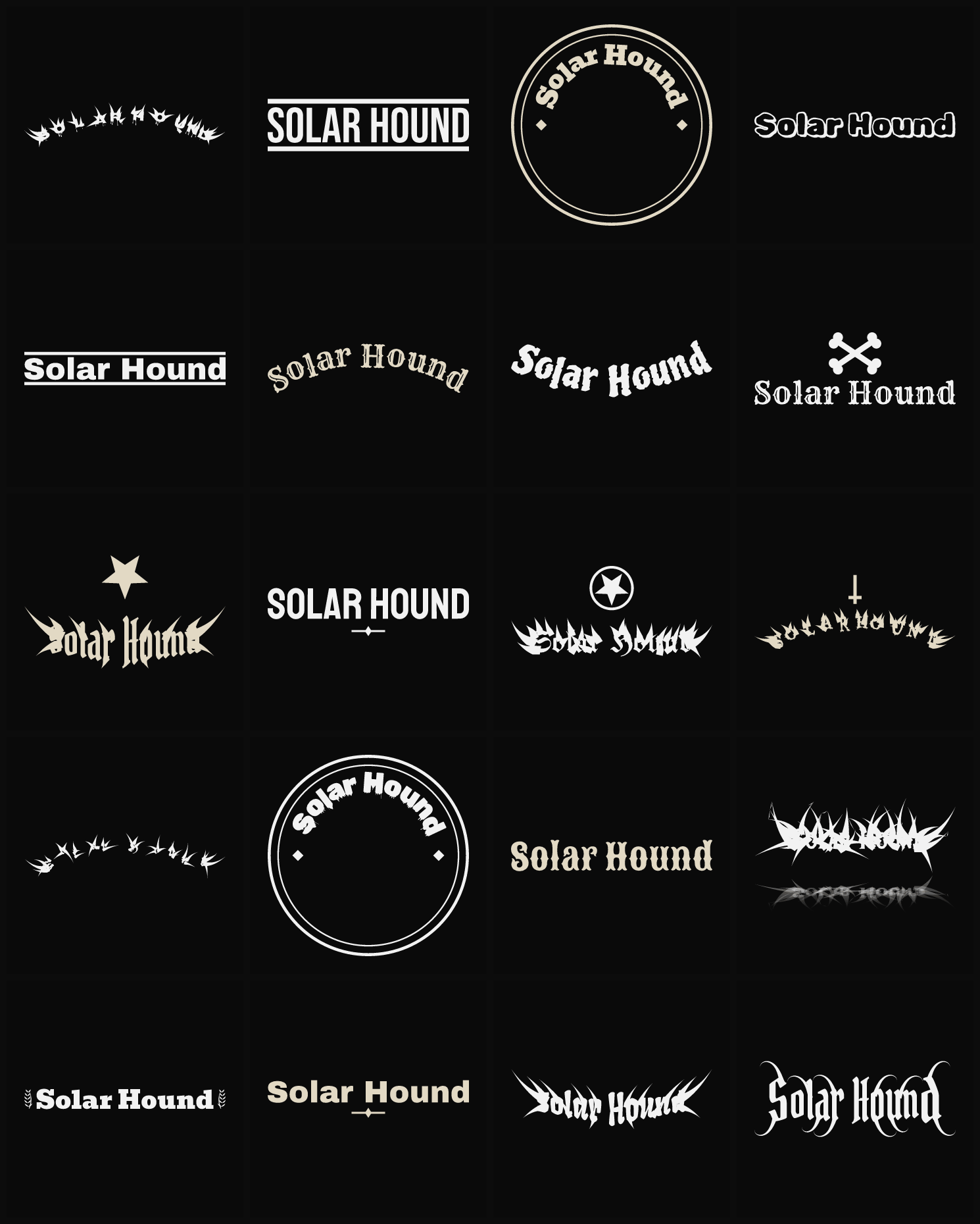 Twenty Solar Hound band logo ideas — different faces, treatments and spike settings