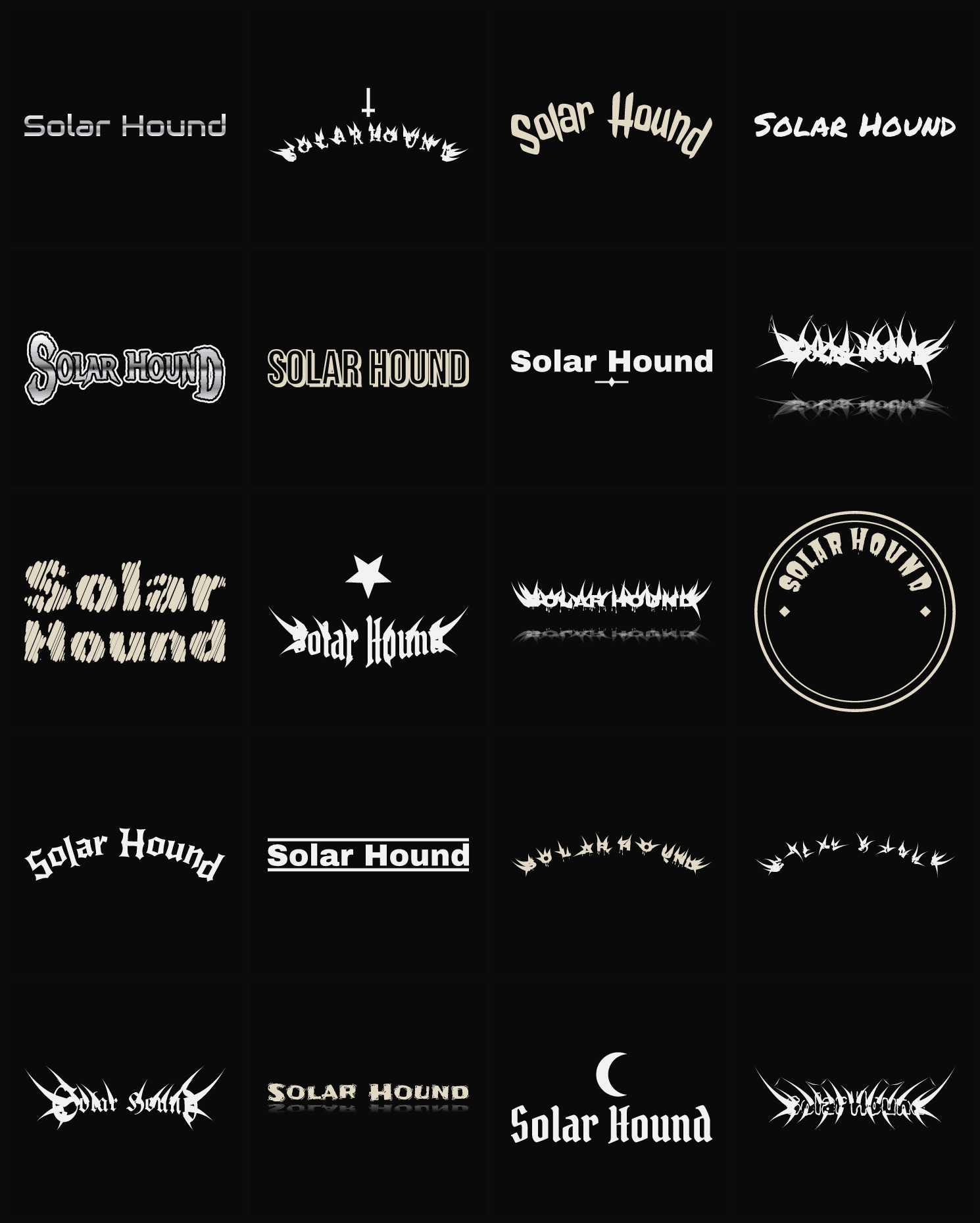 Twenty Solar Hound band logo ideas — different faces, treatments and spike settings