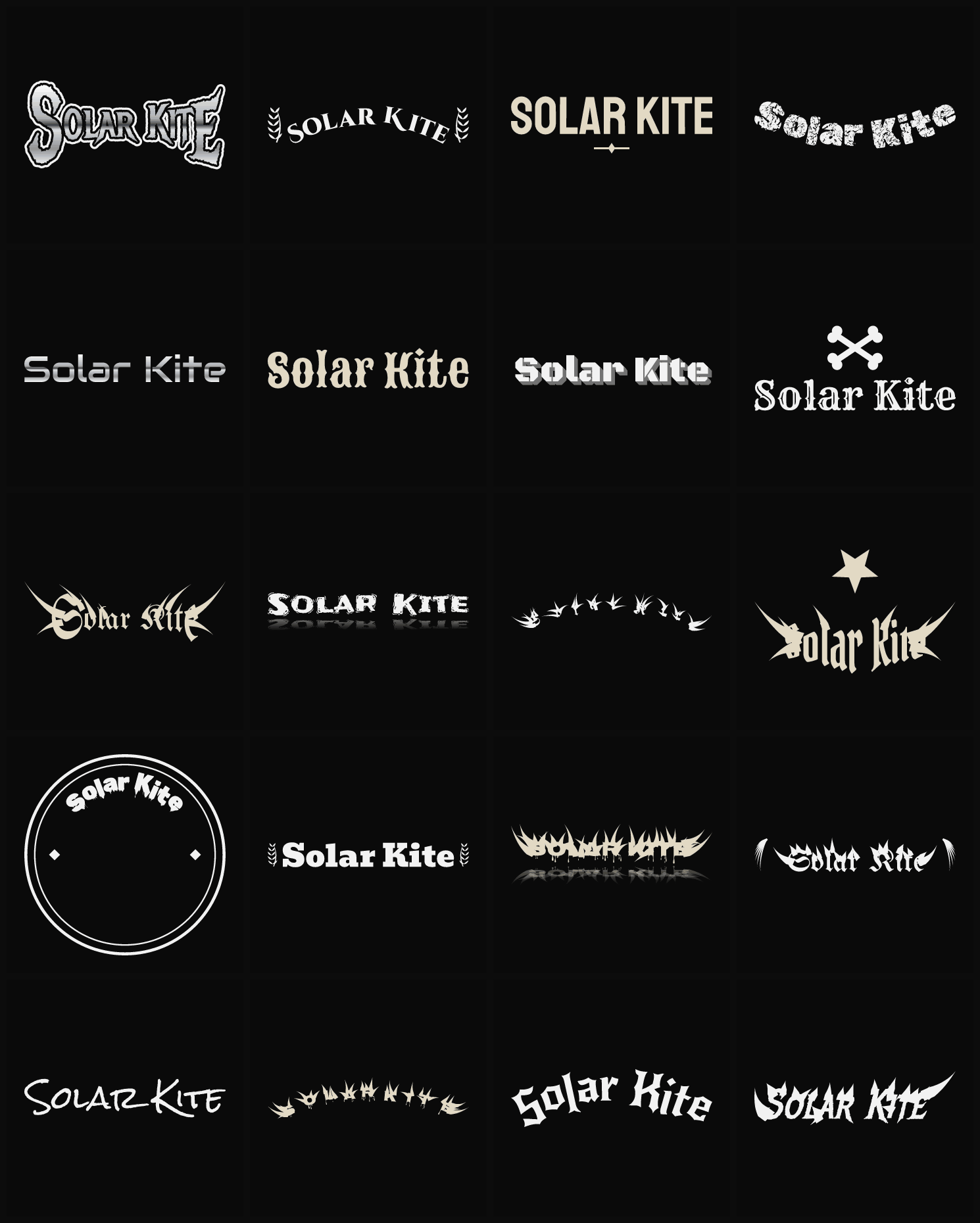 Twenty Solar Kite band logo ideas — different faces, treatments and spike settings