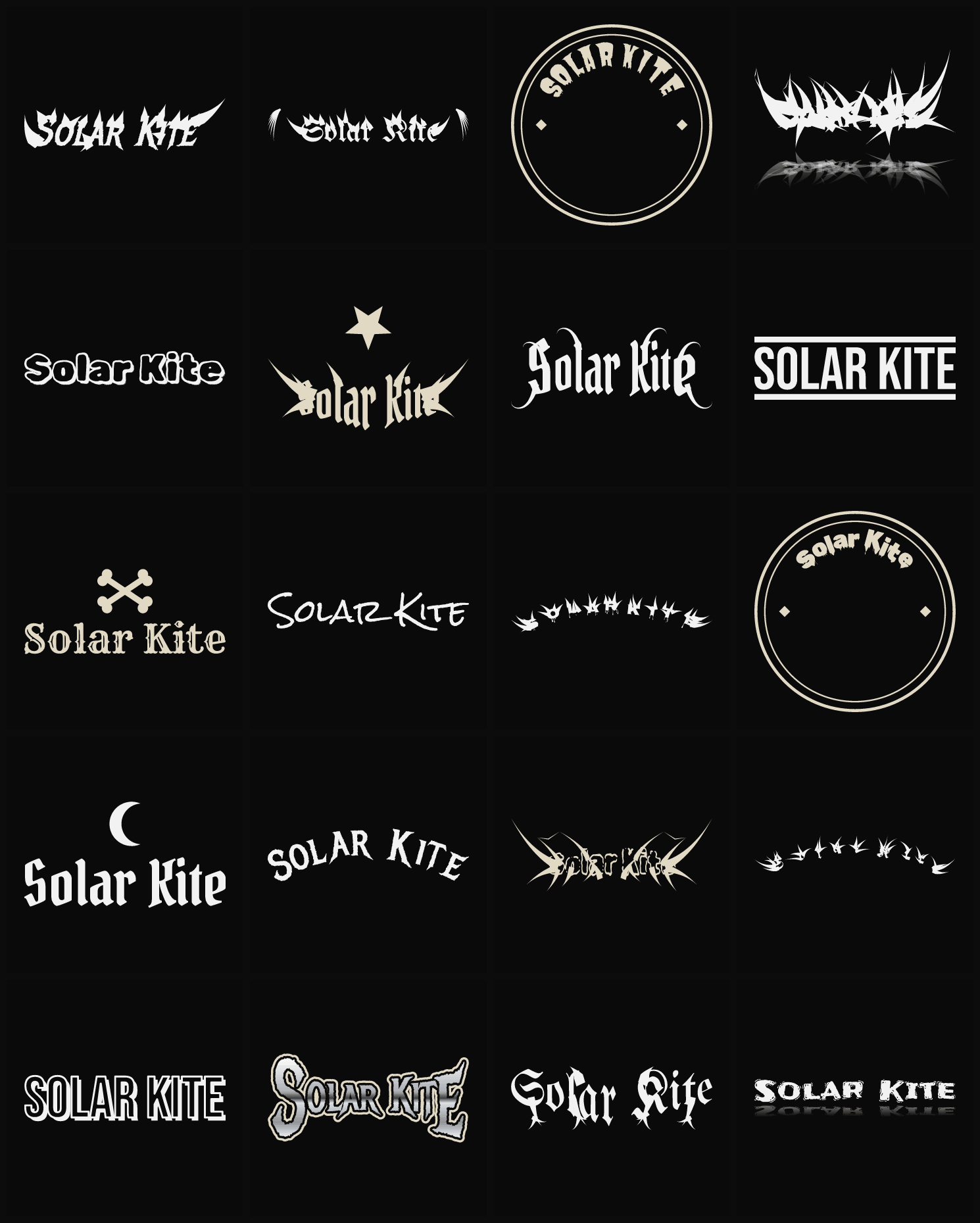Twenty Solar Kite band logo ideas — different faces, treatments and spike settings