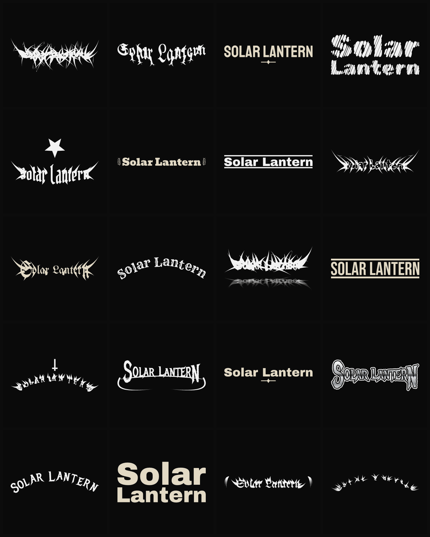 Twenty Solar Lantern band logo ideas — different faces, treatments and spike settings