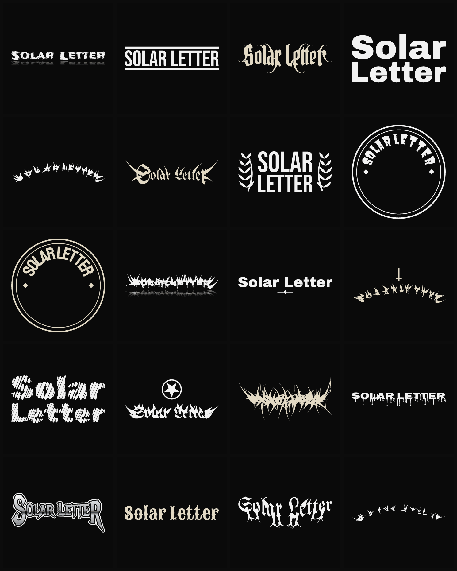 Twenty Solar Letter band logo ideas — different faces, treatments and spike settings