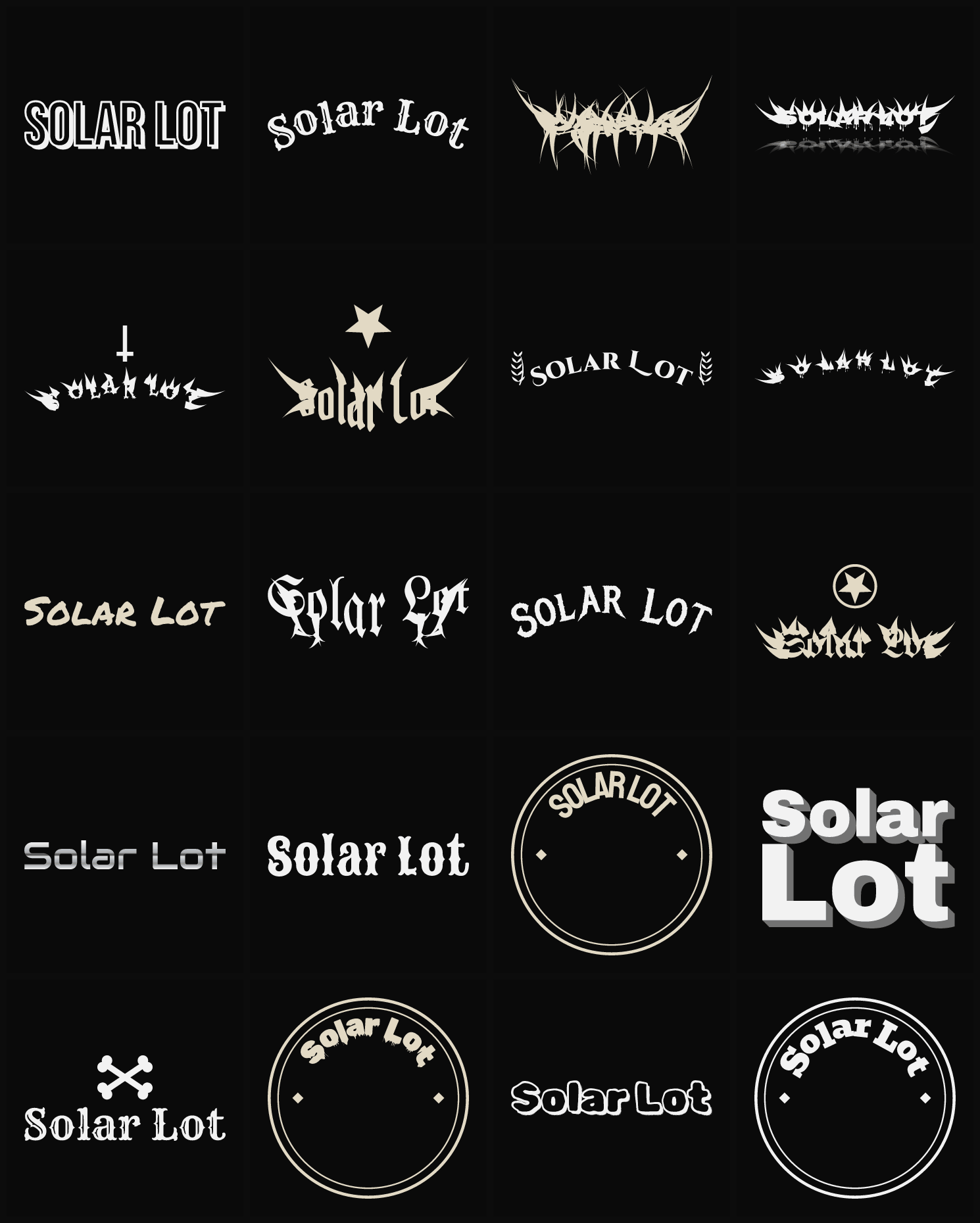 Twenty Solar Lot band logo ideas — different faces, treatments and spike settings