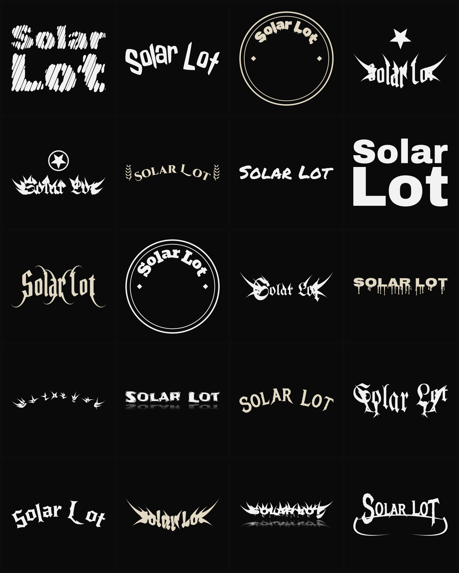 Twenty Solar Lot band logo ideas — different faces, treatments and spike settings
