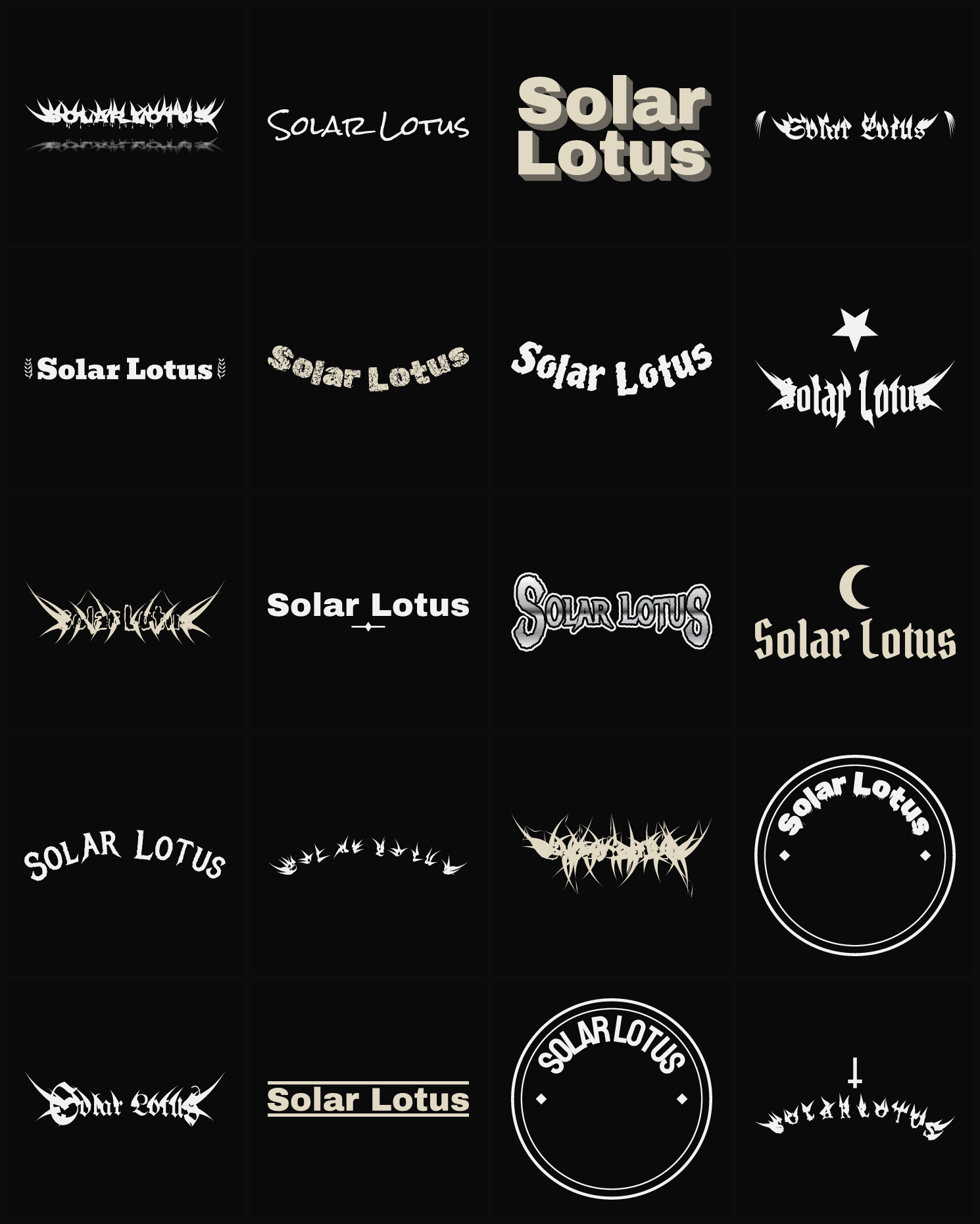 Twenty Solar Lotus band logo ideas — different faces, treatments and spike settings
