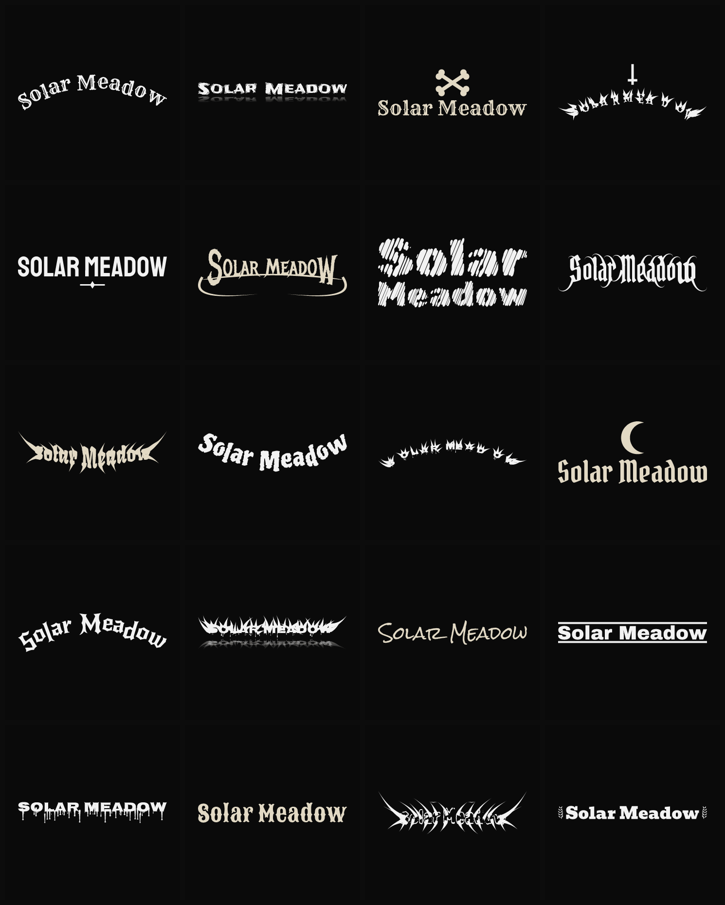 Twenty Solar Meadow band logo ideas — different faces, treatments and spike settings