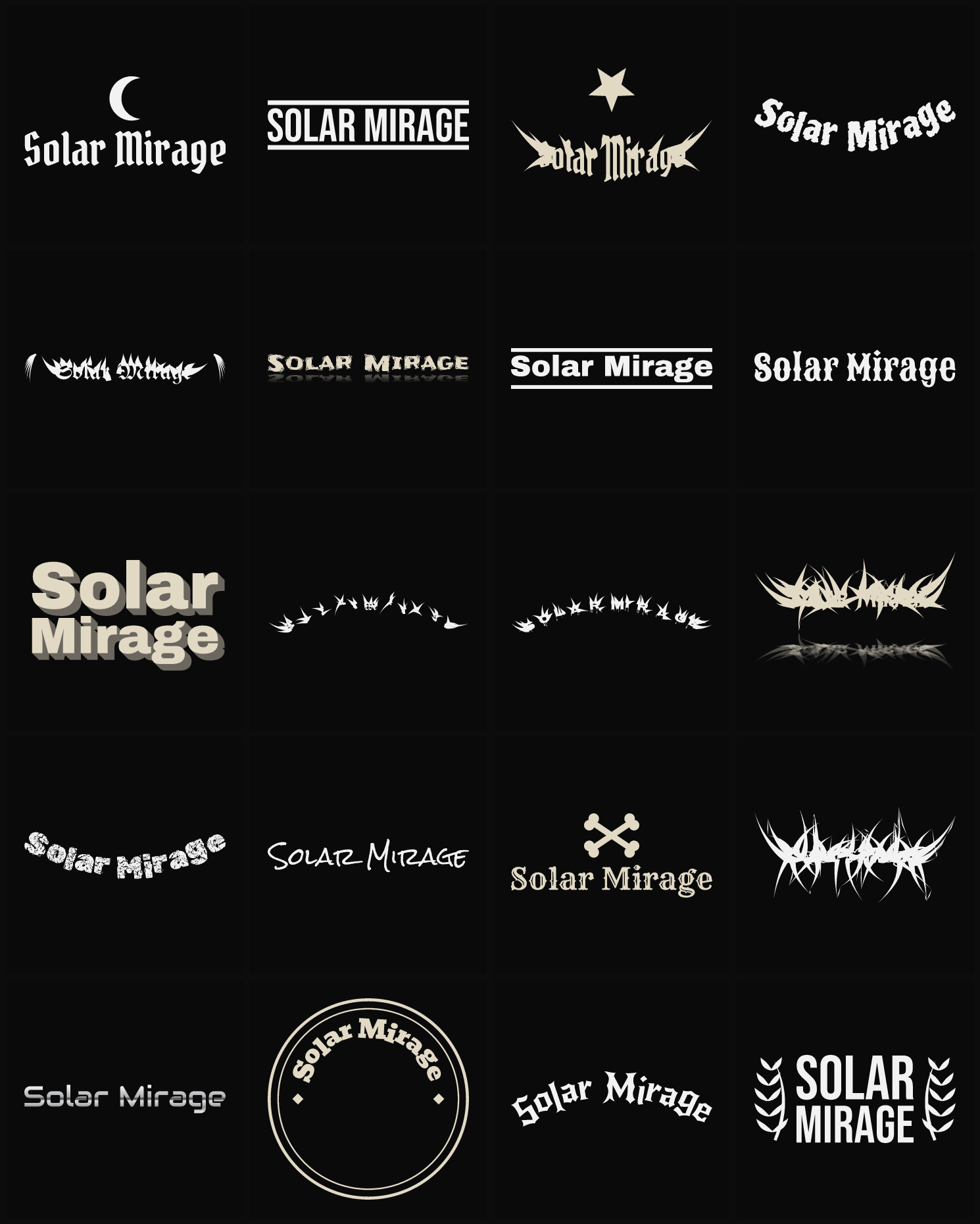 Twenty Solar Mirage band logo ideas — different faces, treatments and spike settings