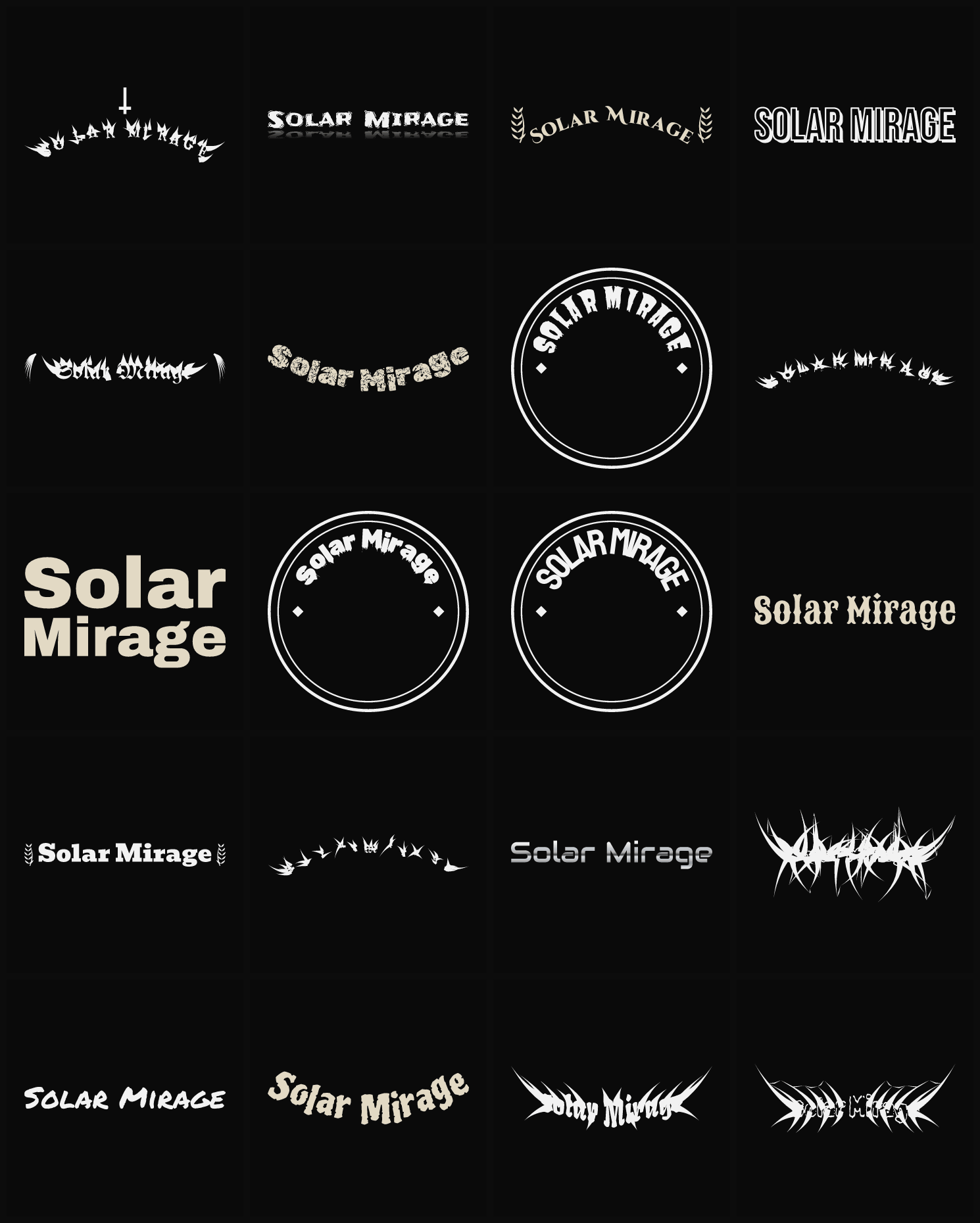Twenty Solar Mirage band logo ideas — different faces, treatments and spike settings
