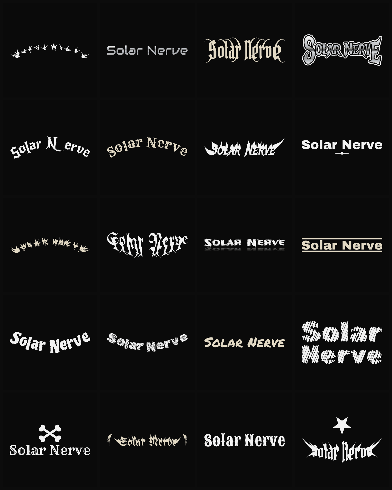 Twenty Solar Nerve band logo ideas — different faces, treatments and spike settings