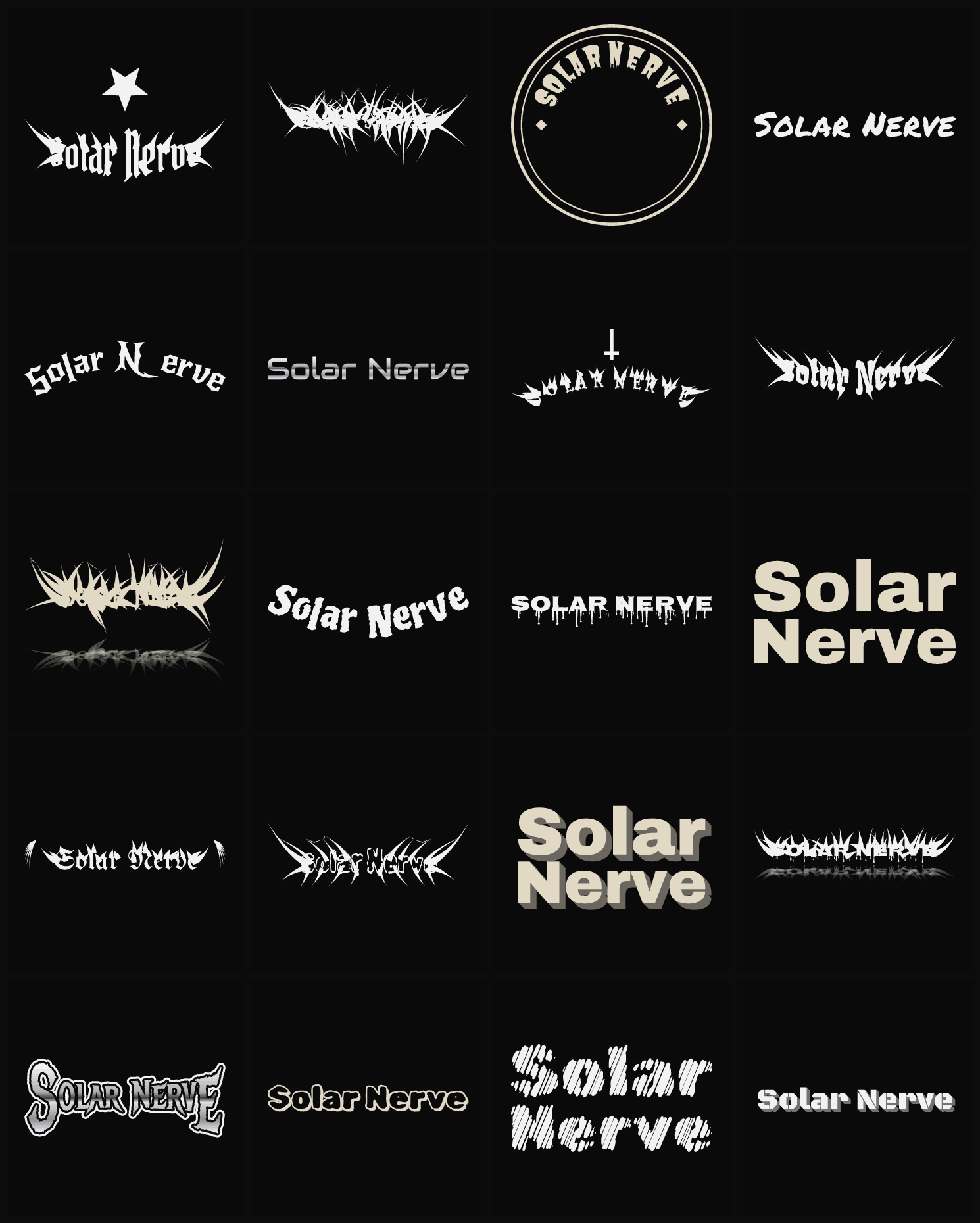 Twenty Solar Nerve band logo ideas — different faces, treatments and spike settings