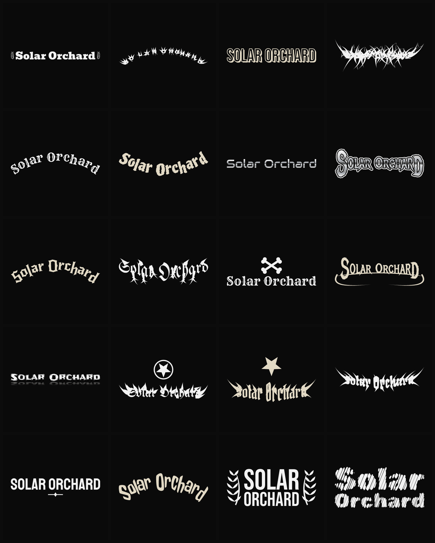 Twenty Solar Orchard band logo ideas — different faces, treatments and spike settings