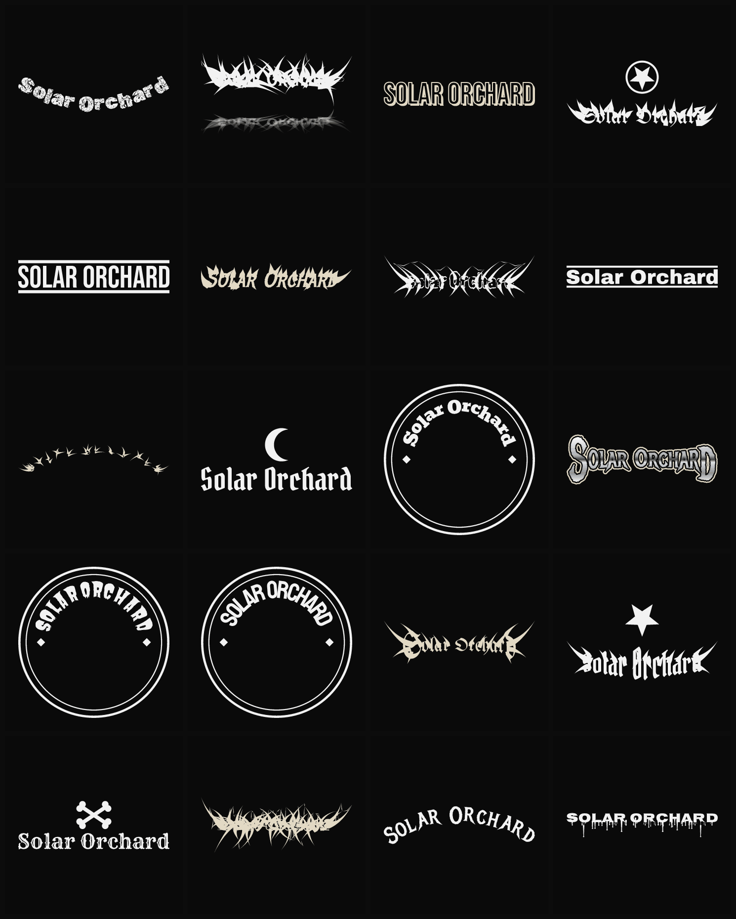 Twenty Solar Orchard band logo ideas — different faces, treatments and spike settings