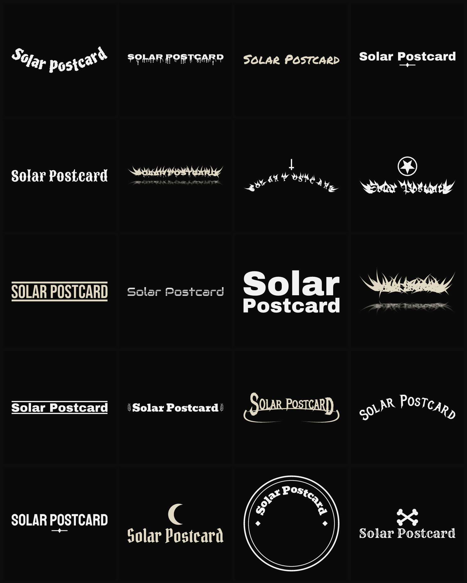 Twenty Solar Postcard band logo ideas — different faces, treatments and spike settings